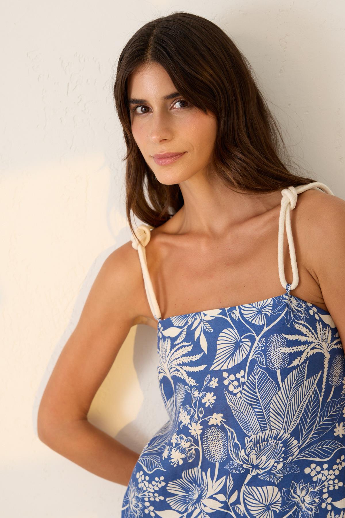 Mavi İp Askılı Desenli Tam Kalıp Elbise Kadın Günlük Elbise modelleri