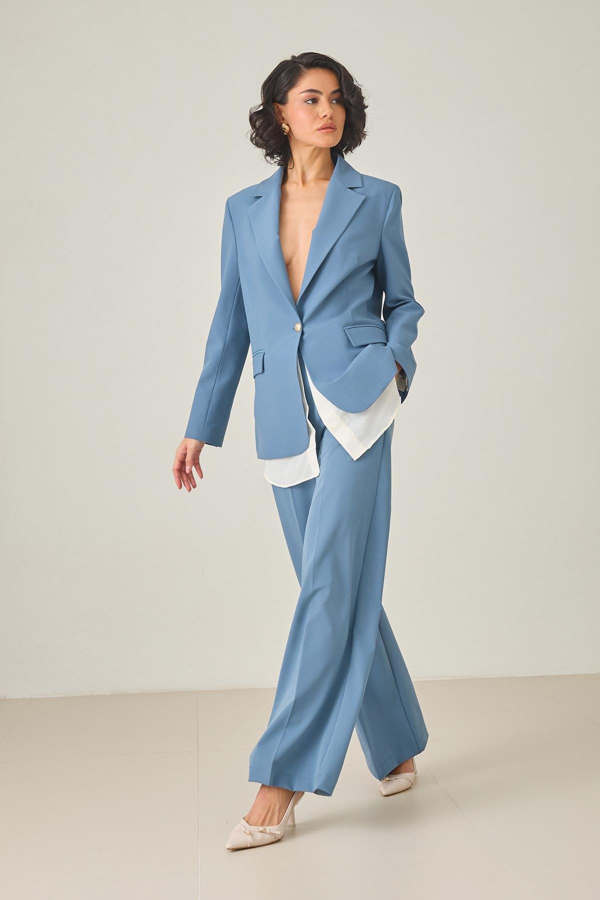 Mavi Tek Düğme Ve Gömlek Detaylı Ceket Kadın Ceket modelleri