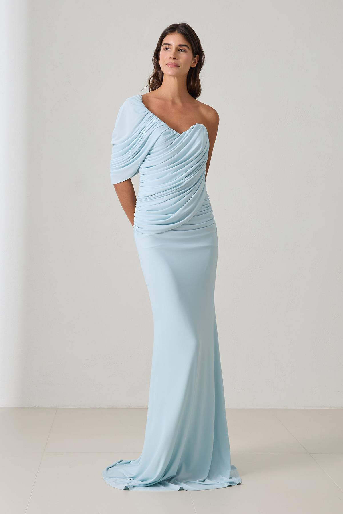 Mavi Yek Omuz Ve Drape Detaylı Tam Kalıp Uzun Abiye Elbise Kadın Evening Dress modelleri