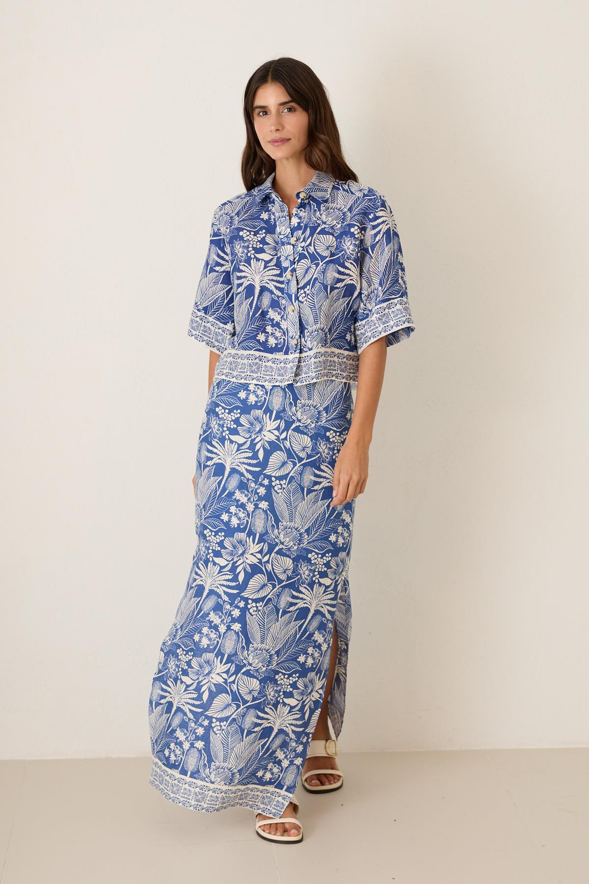 Mavi Yırtmaç Detaylı Desenli Keten Etek Kadın Etek modelleri