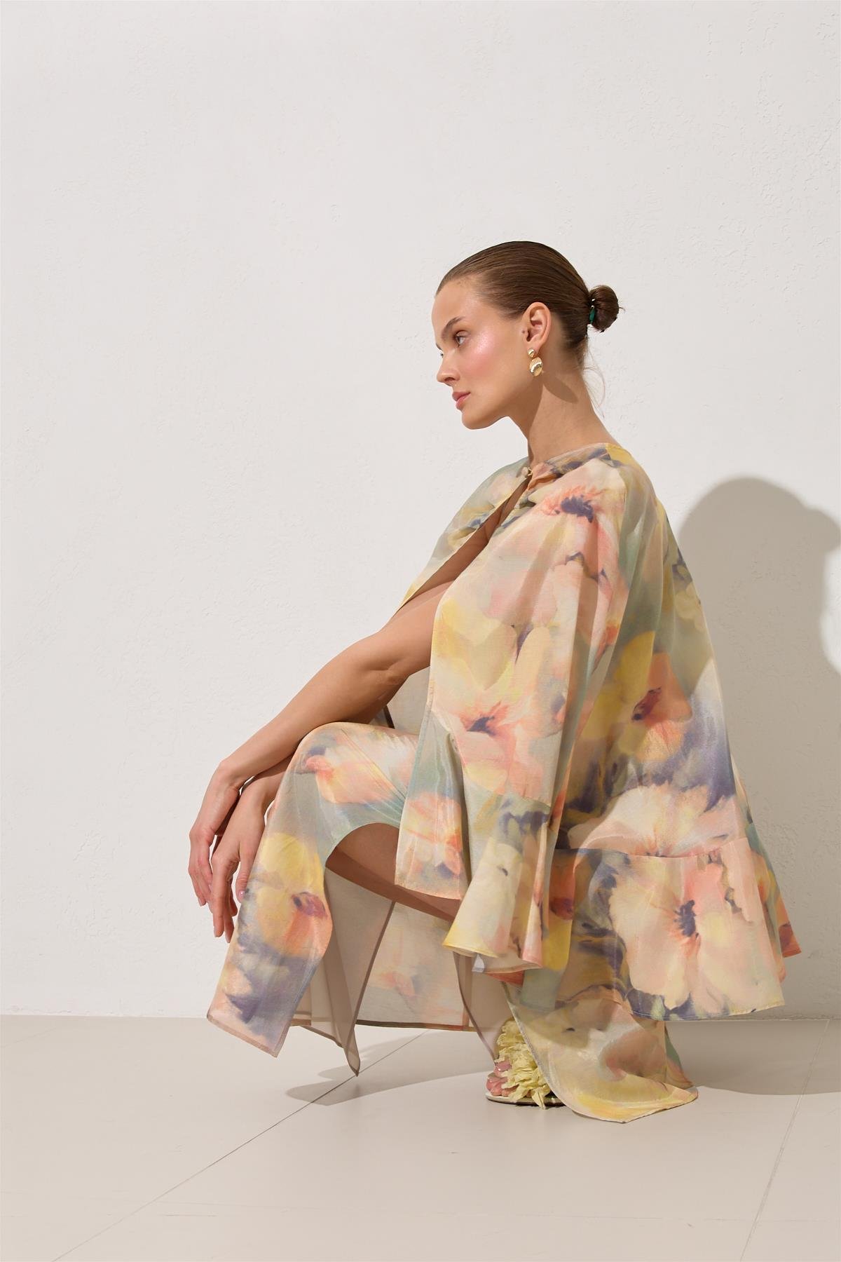 Mint Pelerin Detaylı Desenli Midi Boy Elbise Kadın Günlük Elbise modelleri