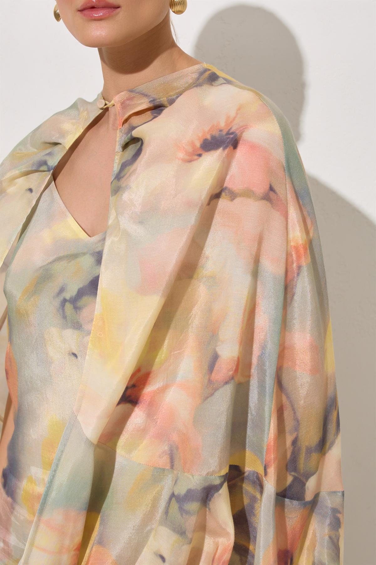 Mint Pelerin Detaylı Desenli Midi Boy Elbise Kadın Günlük Elbise modelleri