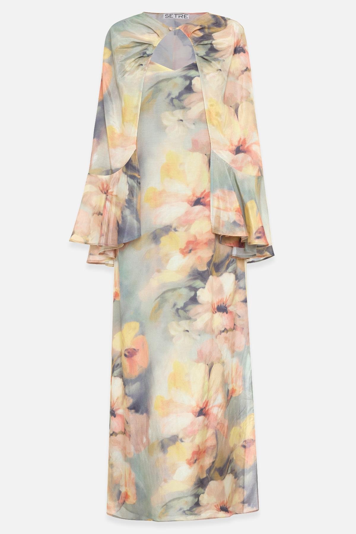 Mint Pelerin Detaylı Desenli Midi Boy Elbise Kadın Günlük Elbise modelleri