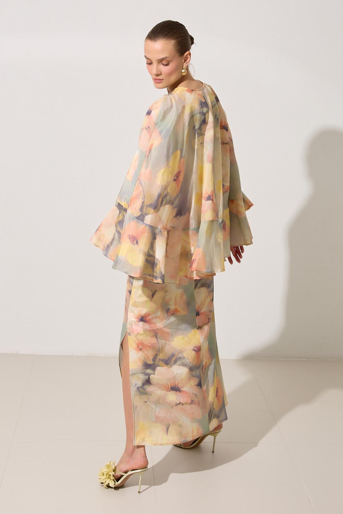 Mint Pelerin Detaylı Desenli Midi Boy Elbise Kadın Günlük Elbise modelleri