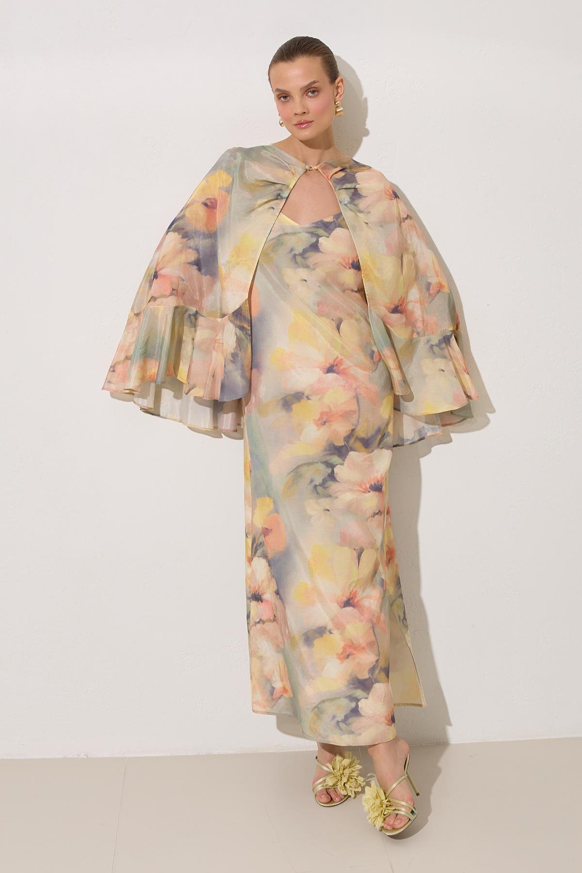 Mint Pelerin Detaylı Desenli Midi Boy Elbise Kadın Günlük Elbise modelleri