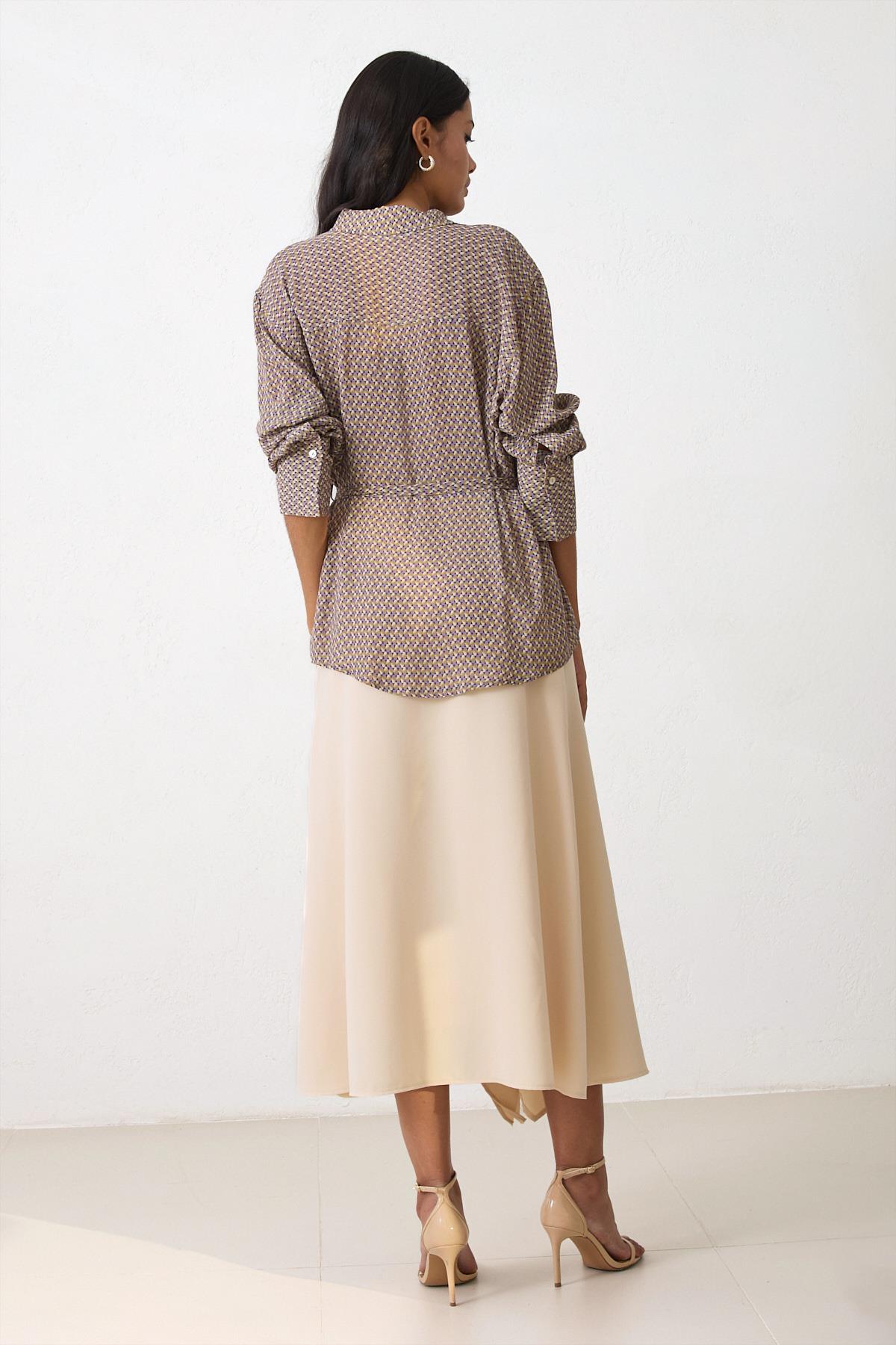 Mor Bağlama Detaylı Uzun Kollu Desenli Gömlek Kadın Gömlek modelleri