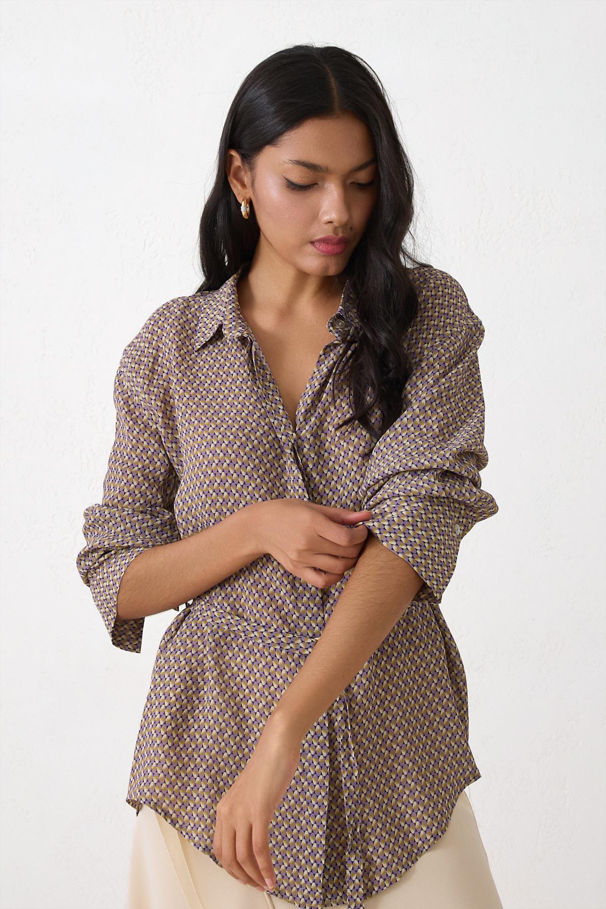 Mor Bağlama Detaylı Uzun Kollu Desenli Gömlek Kadın Gömlek modelleri