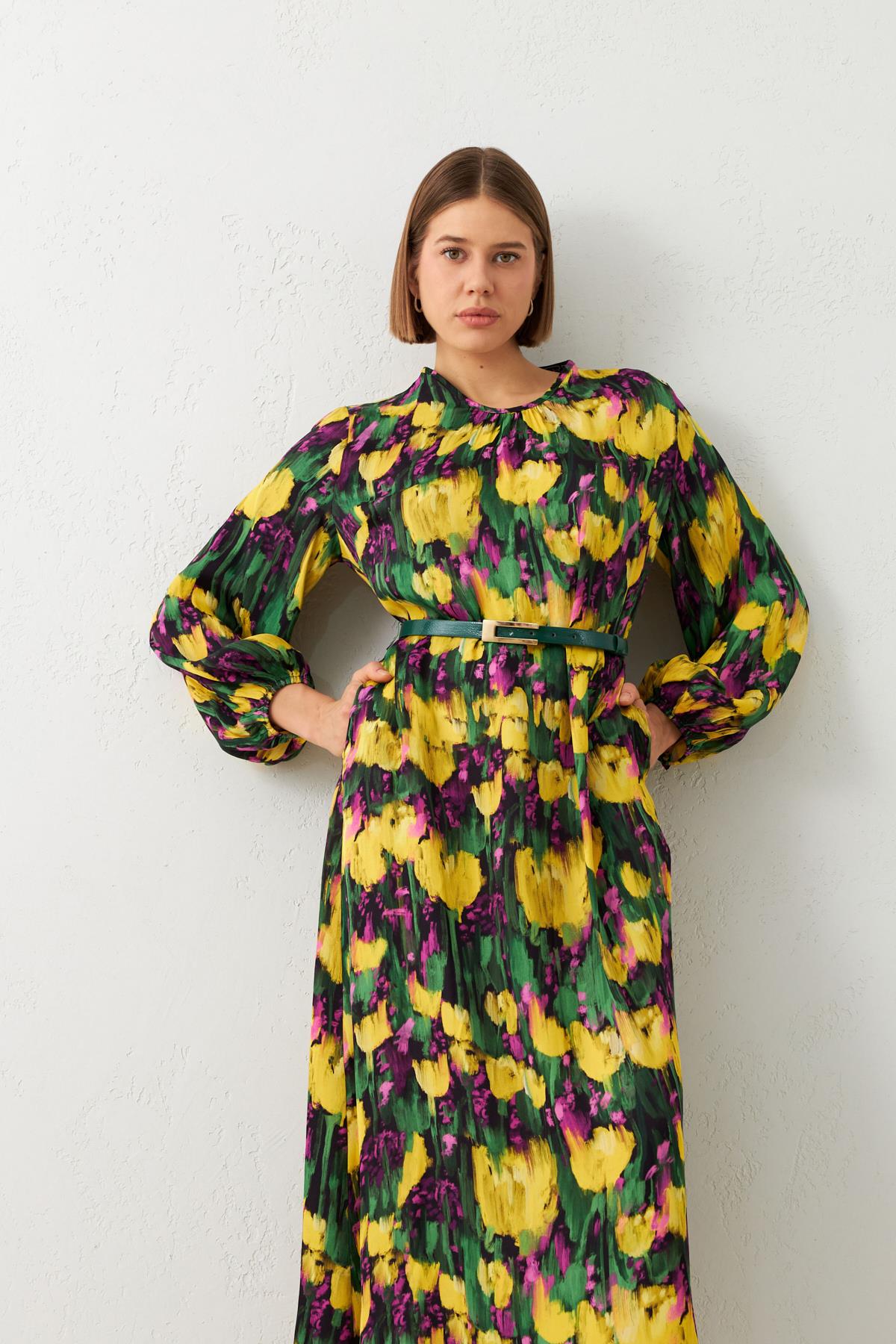 Mor Belden Kemer Detaylı Bisiklet Yaka Uzun Kol Desenli Midi Boy Elbise Kadın Günlük Elbise modelleri