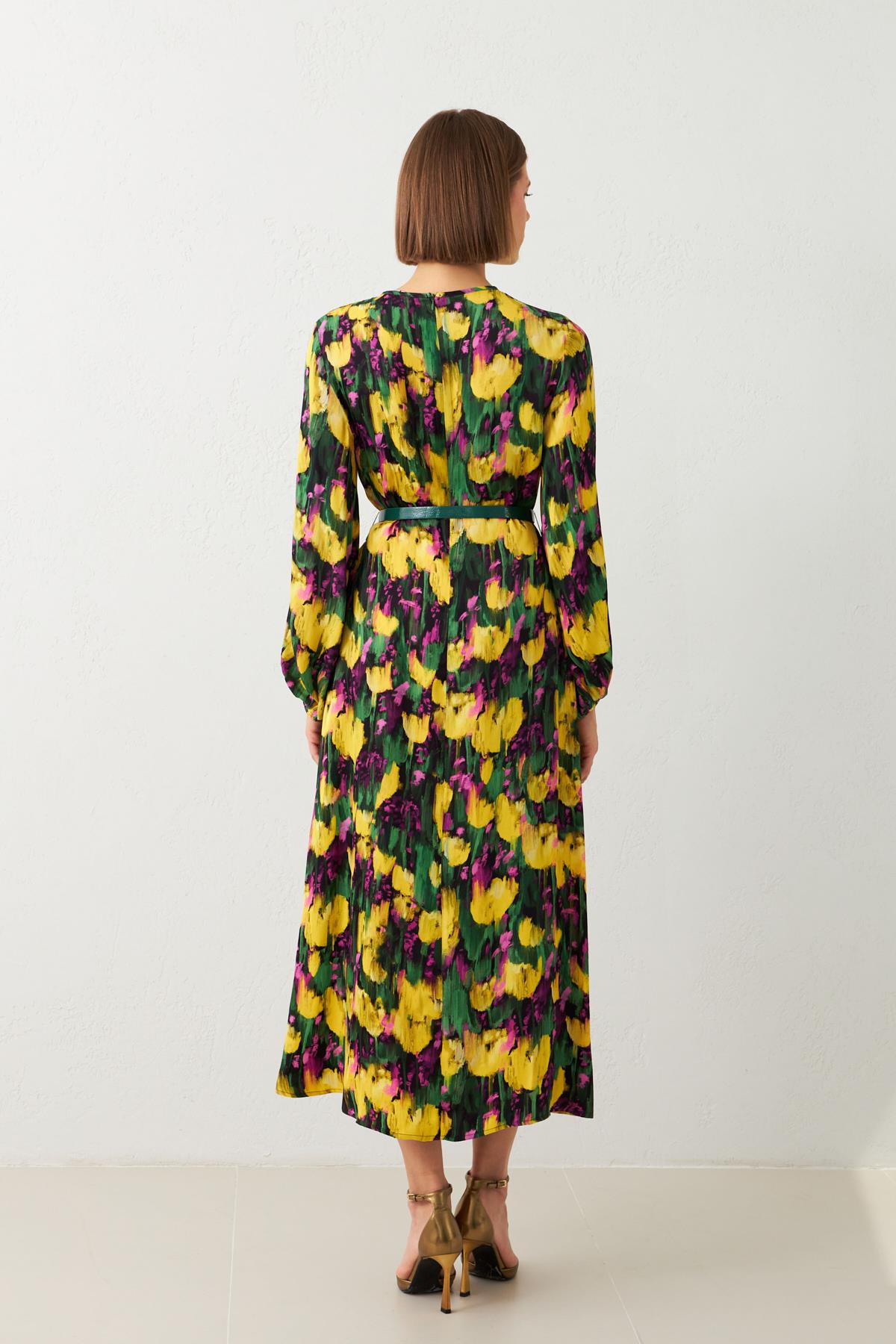 Mor Belden Kemer Detaylı Bisiklet Yaka Uzun Kol Desenli Midi Boy Elbise Kadın Günlük Elbise modelleri