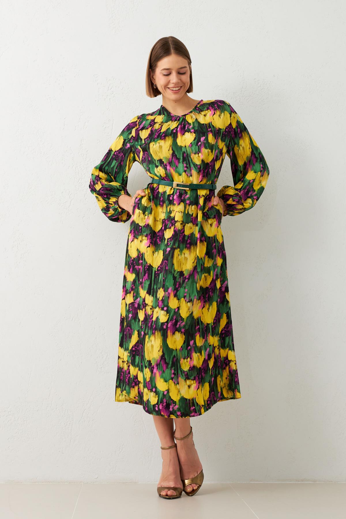 Mor Belden Kemer Detaylı Bisiklet Yaka Uzun Kol Desenli Midi Boy Elbise Kadın Günlük Elbise modelleri