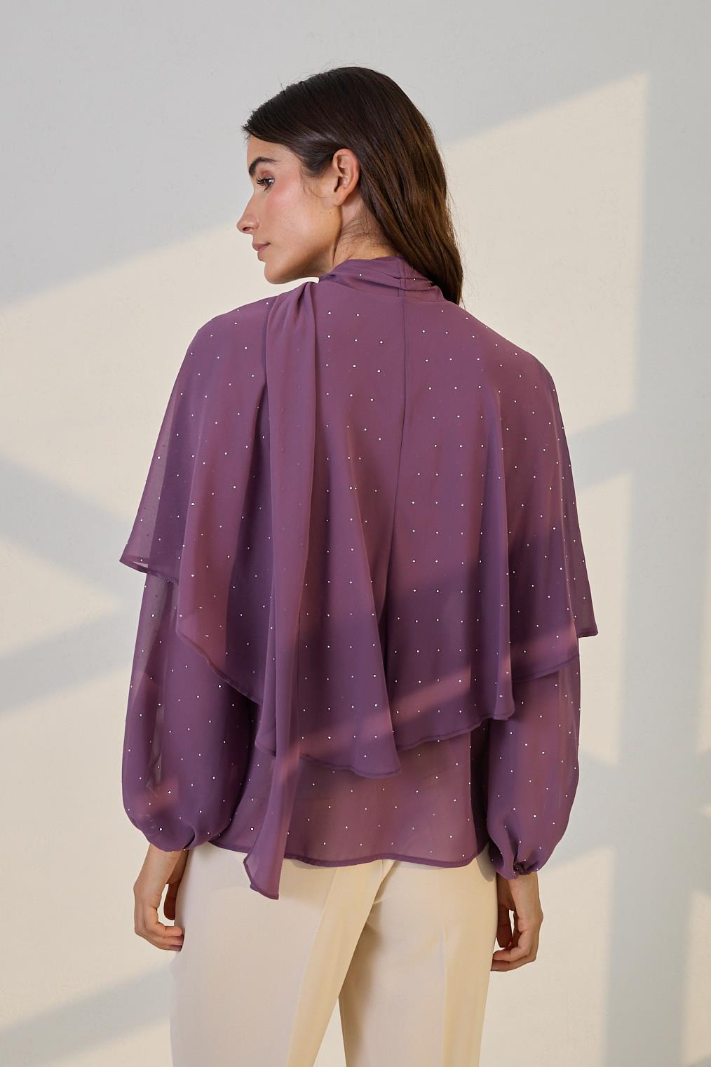 Mor Boyunda Bağlamalı Pelerin Detaylı Uzun Kollu Rahat Kesim Bluz Kadın Bluz modelleri