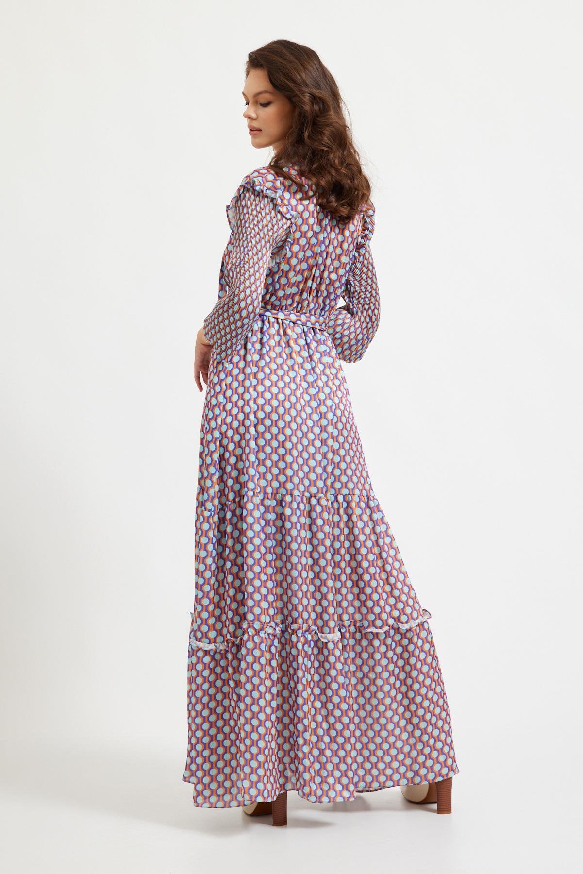 Mor/Oranj Pliseli Desenli Elbise Kadın Günlük Elbise modelleri