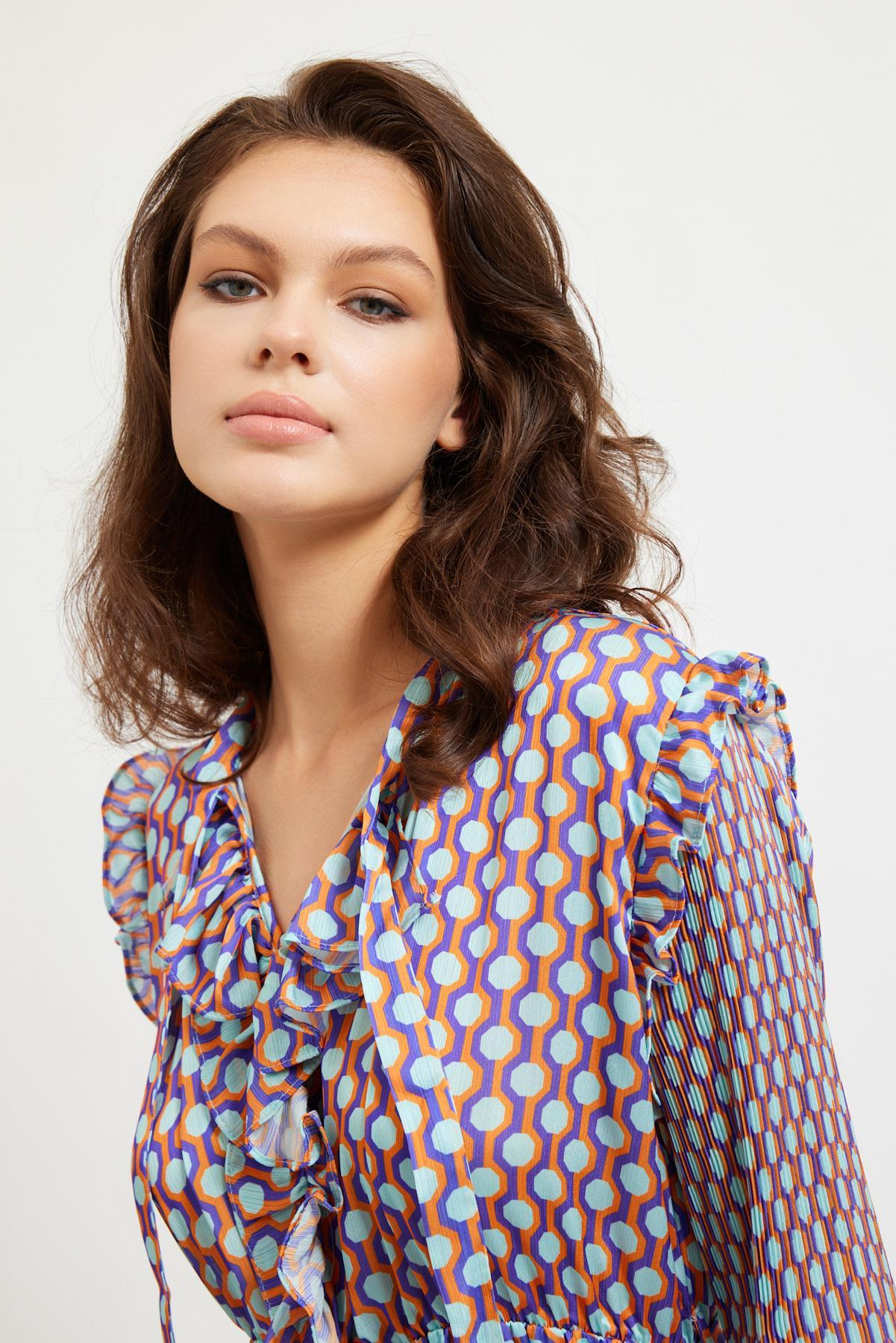 Mor/Oranj Pliseli Desenli Elbise Kadın Günlük Elbise modelleri