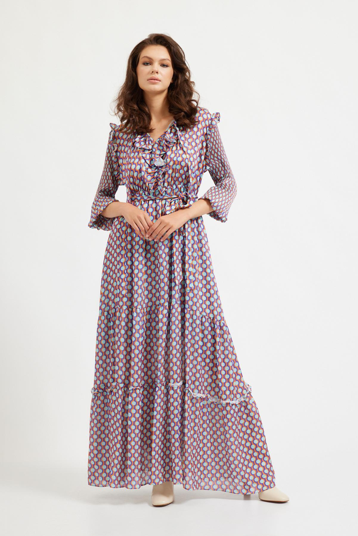 Mor/Oranj Pliseli Desenli Elbise Kadın Günlük Elbise modelleri