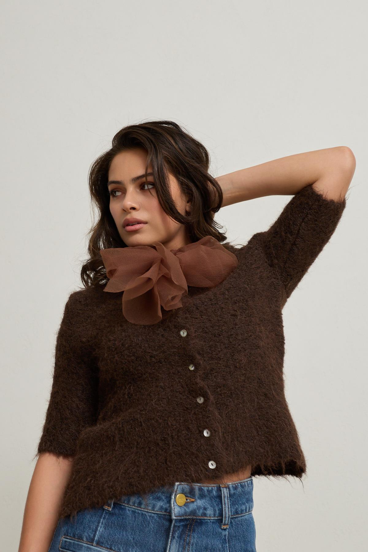 Mürdüm Fiyonk Detaylı Kısa Kollu Triko Kadın Triko modelleri