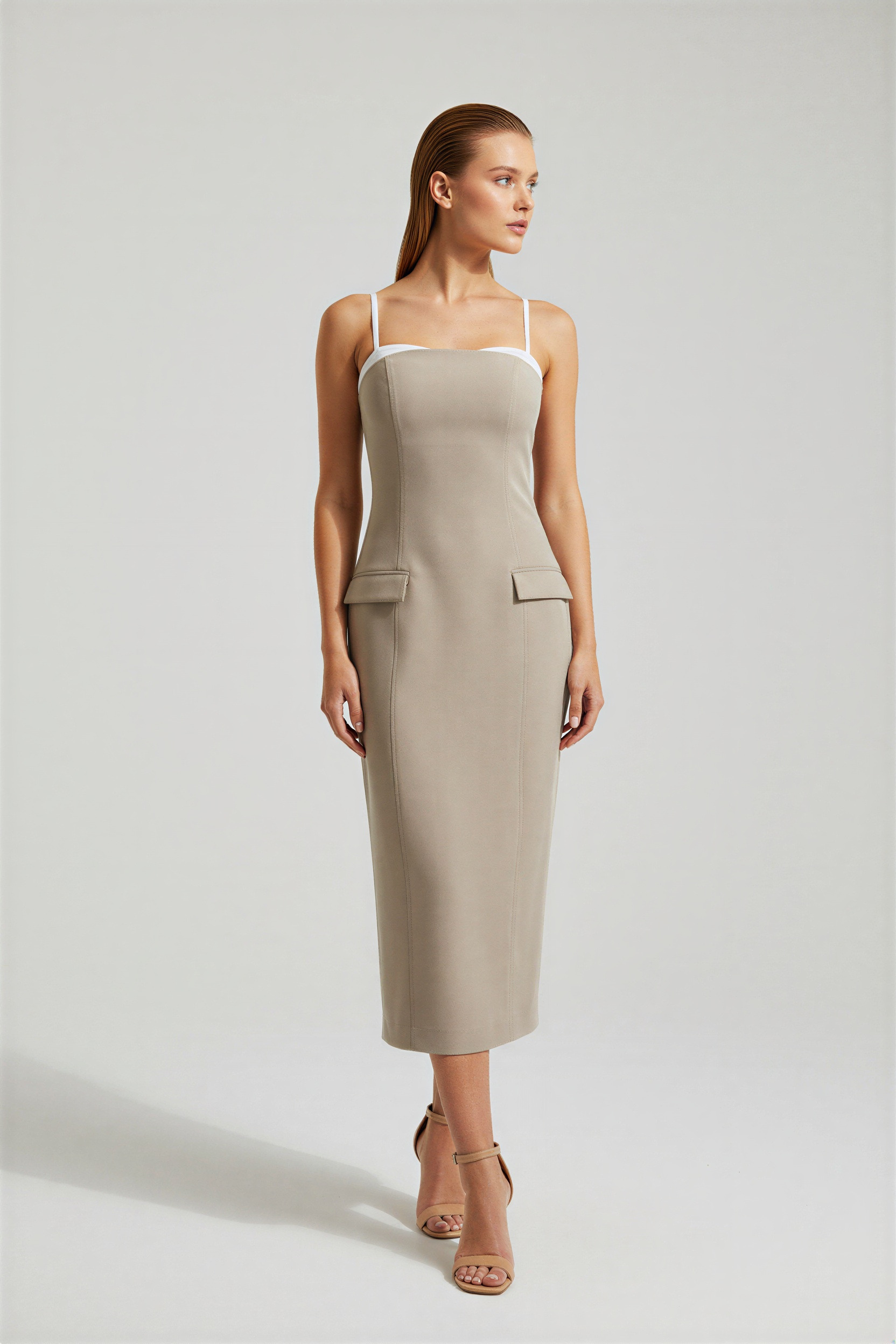 Olive İnce Askılı Yaka Ve Cep Detaylı Midi Boy Elbise Kadın Günlük Elbise modelleri