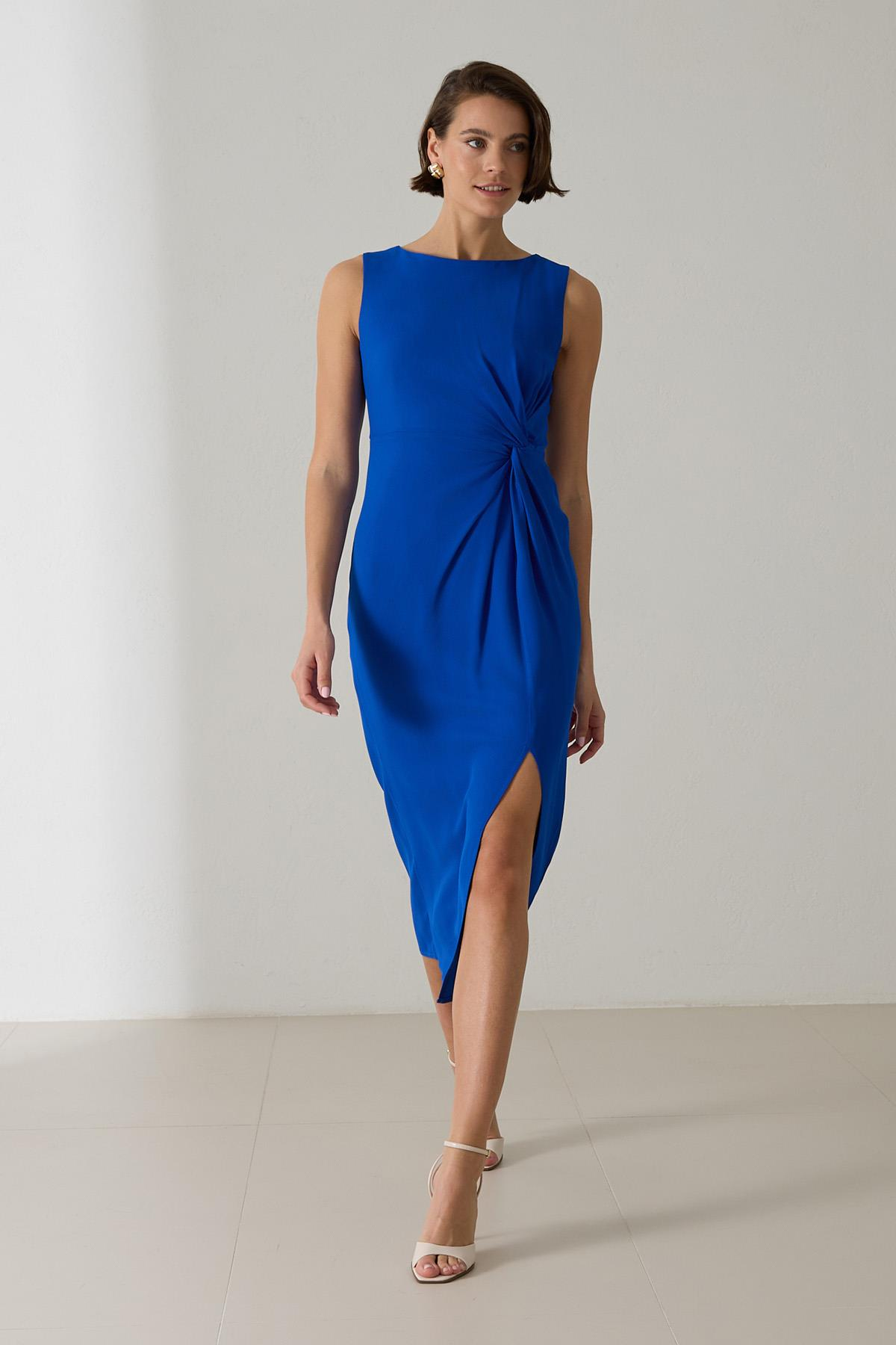 Saks Yırtmaç Detaylı Midi Boy Elbise Kadın Günlük Elbise modelleri