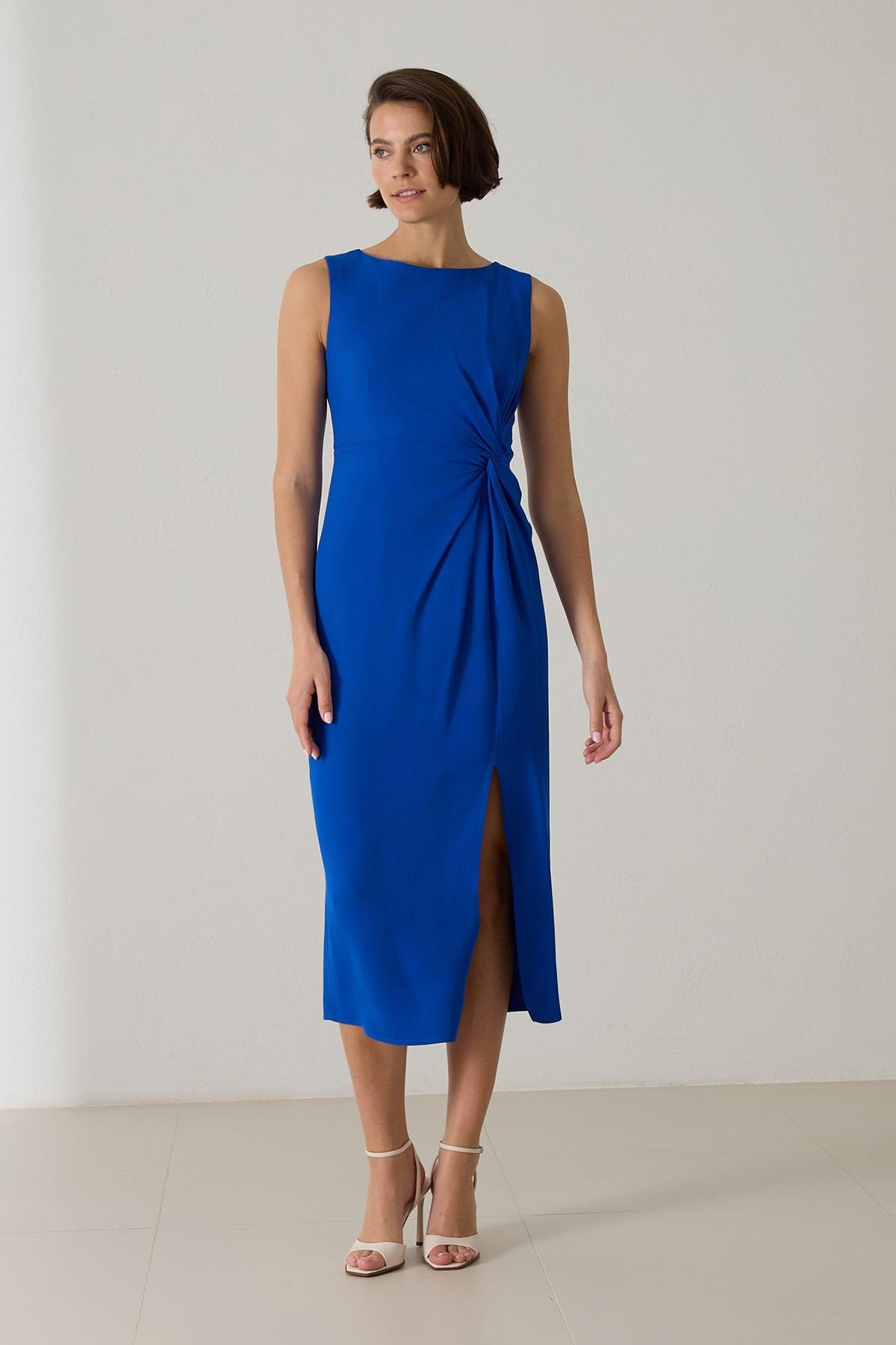 Saks Yırtmaç Detaylı Midi Boy Elbise Kadın Günlük Elbise modelleri