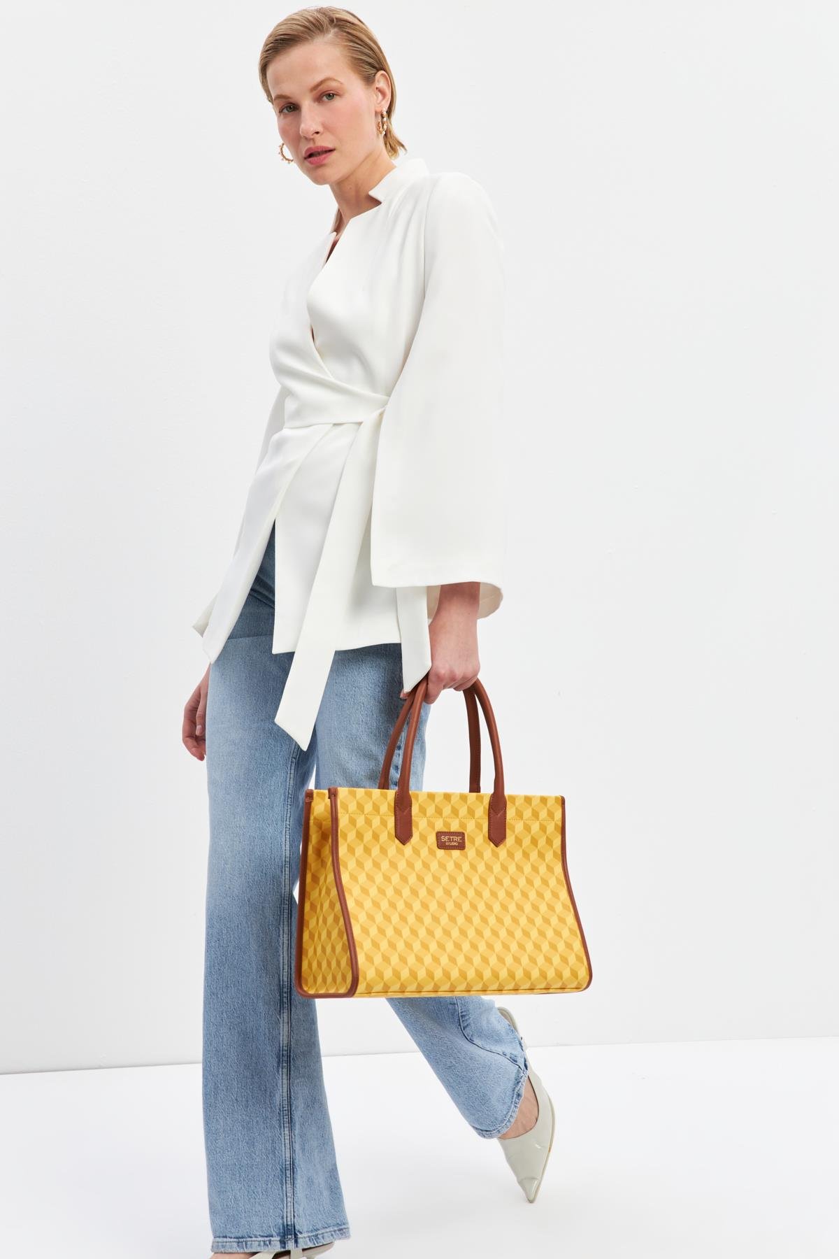 Sarı Geometrik Desen Çanta Kadın Çanta modelleri