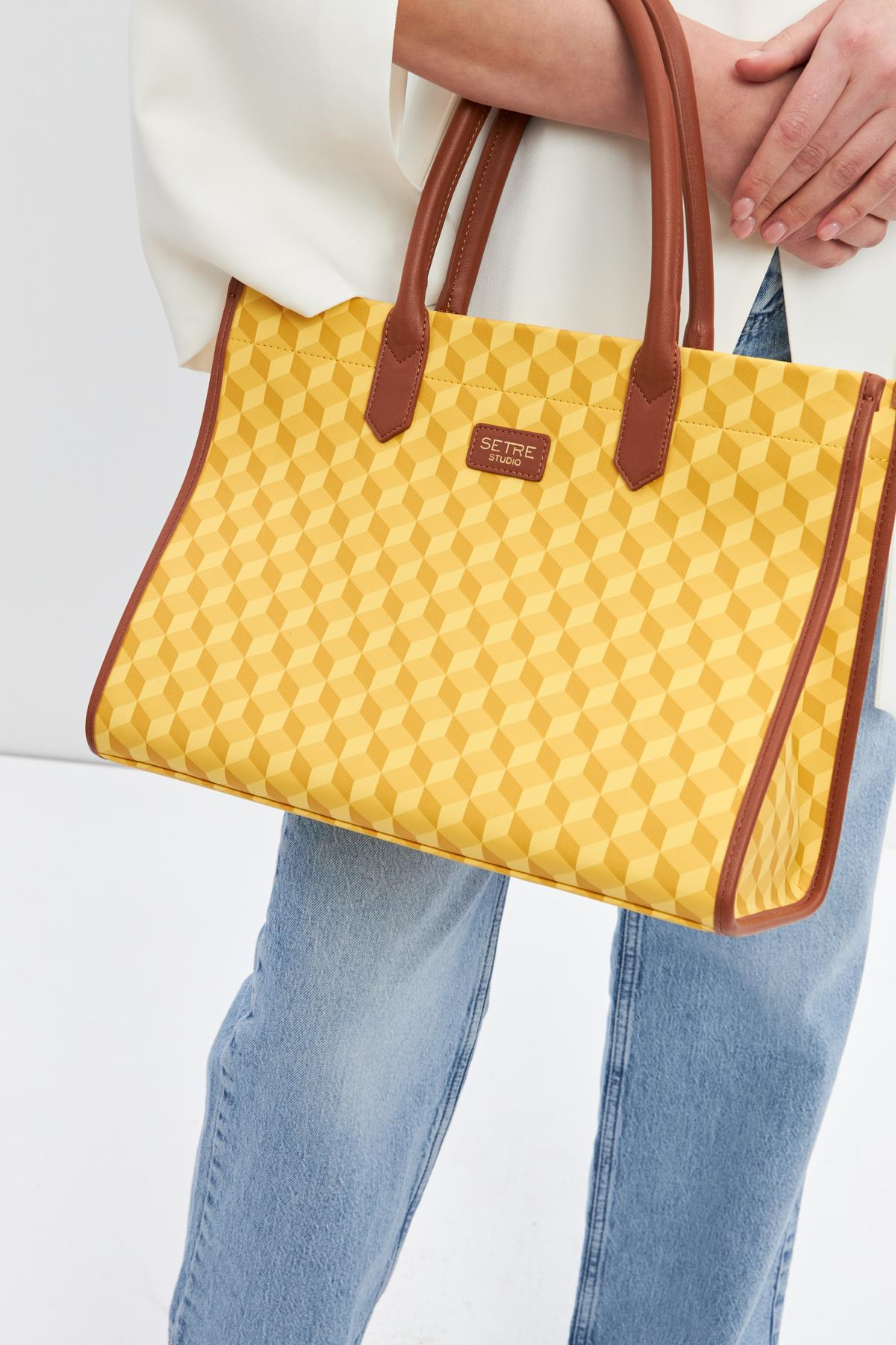 Sarı Geometrik Desen Çanta Kadın Çanta modelleri