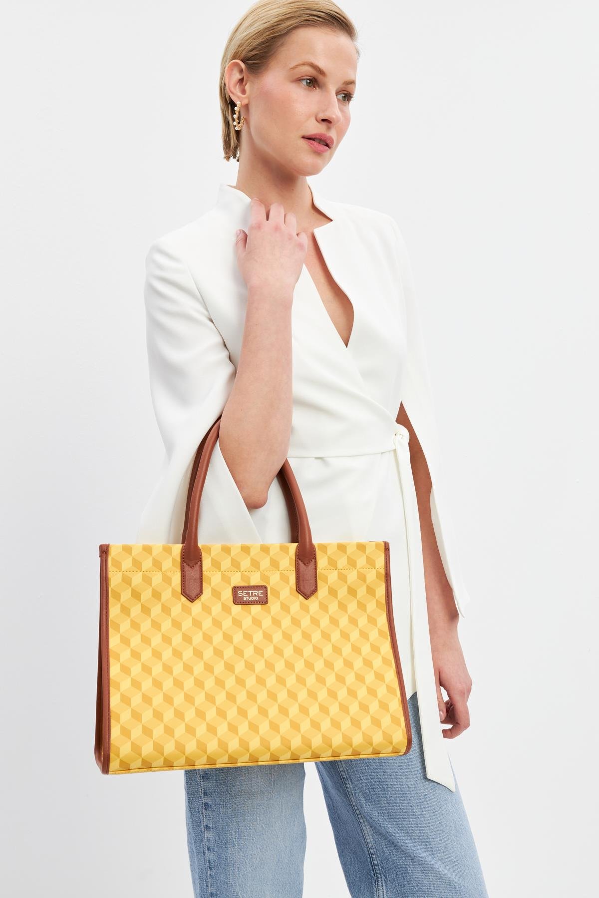 Sarı Geometrik Desen Çanta Kadın Çanta modelleri