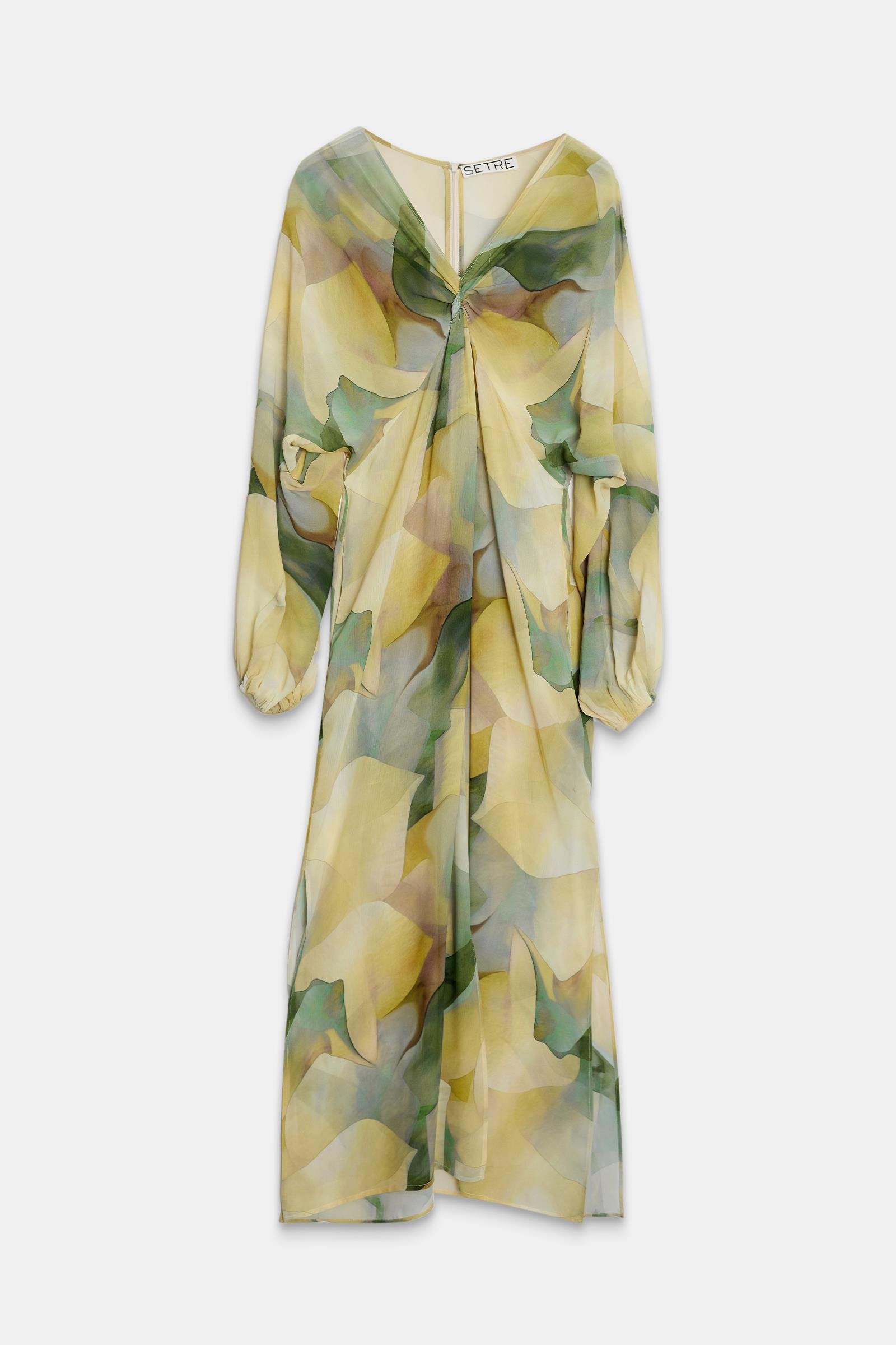 Sarı V Yaka Bel Ve Kol Detaylı Desenli Elbise Kadın Günlük Elbise modelleri