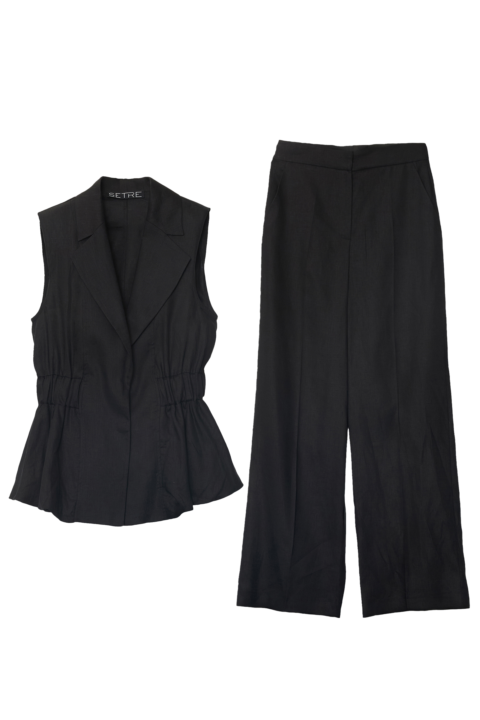 Siyah %100 Keten Bel Ve Yaka Detaylı Yelek Rahat Kesim Pantolonlu Takım Kadın Kategorisiz modelleri