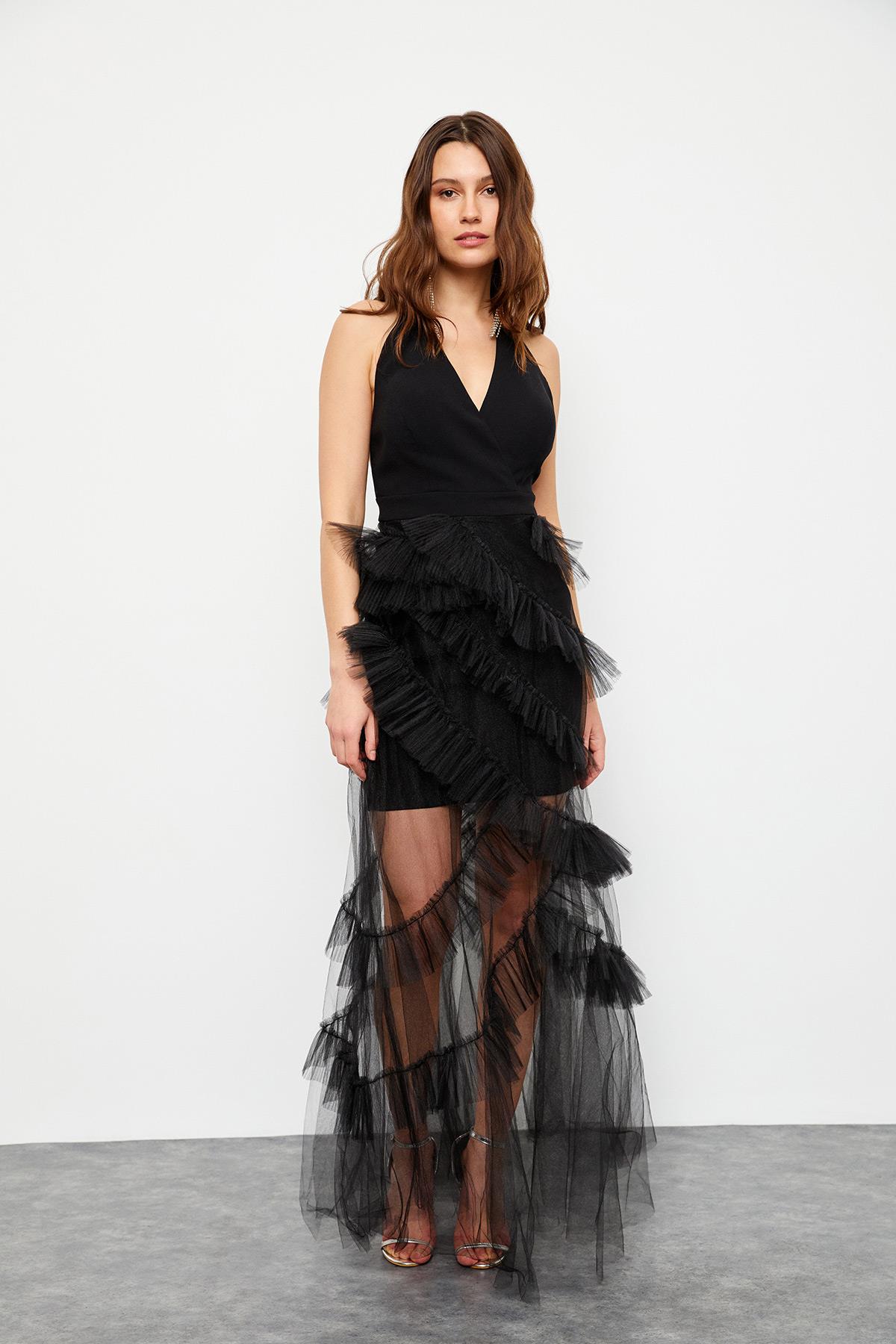 Black  V Neck Organza Cocktail Dress Kadın  modelleri