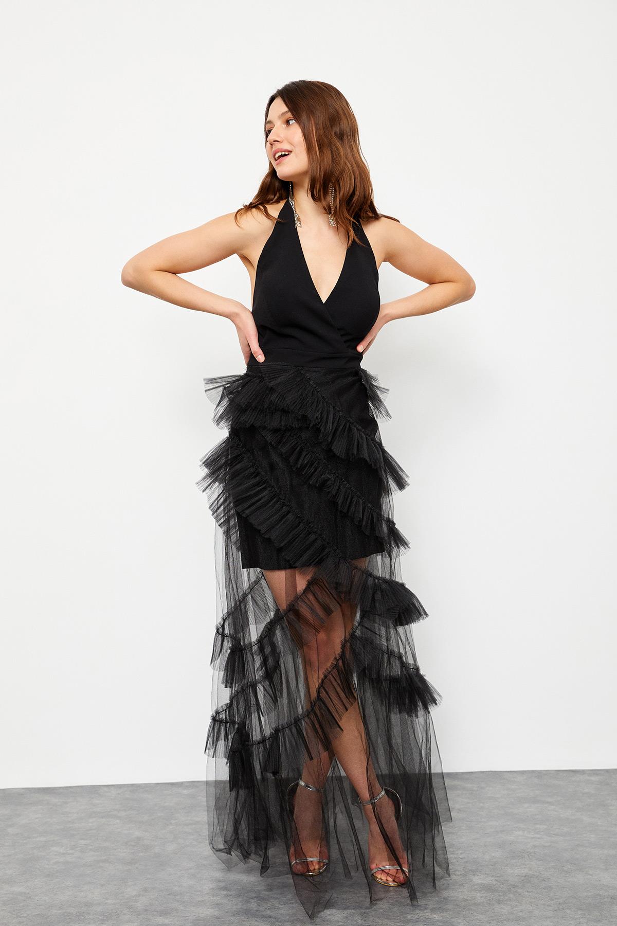 Black  V Neck Organza Cocktail Dress Kadın  modelleri