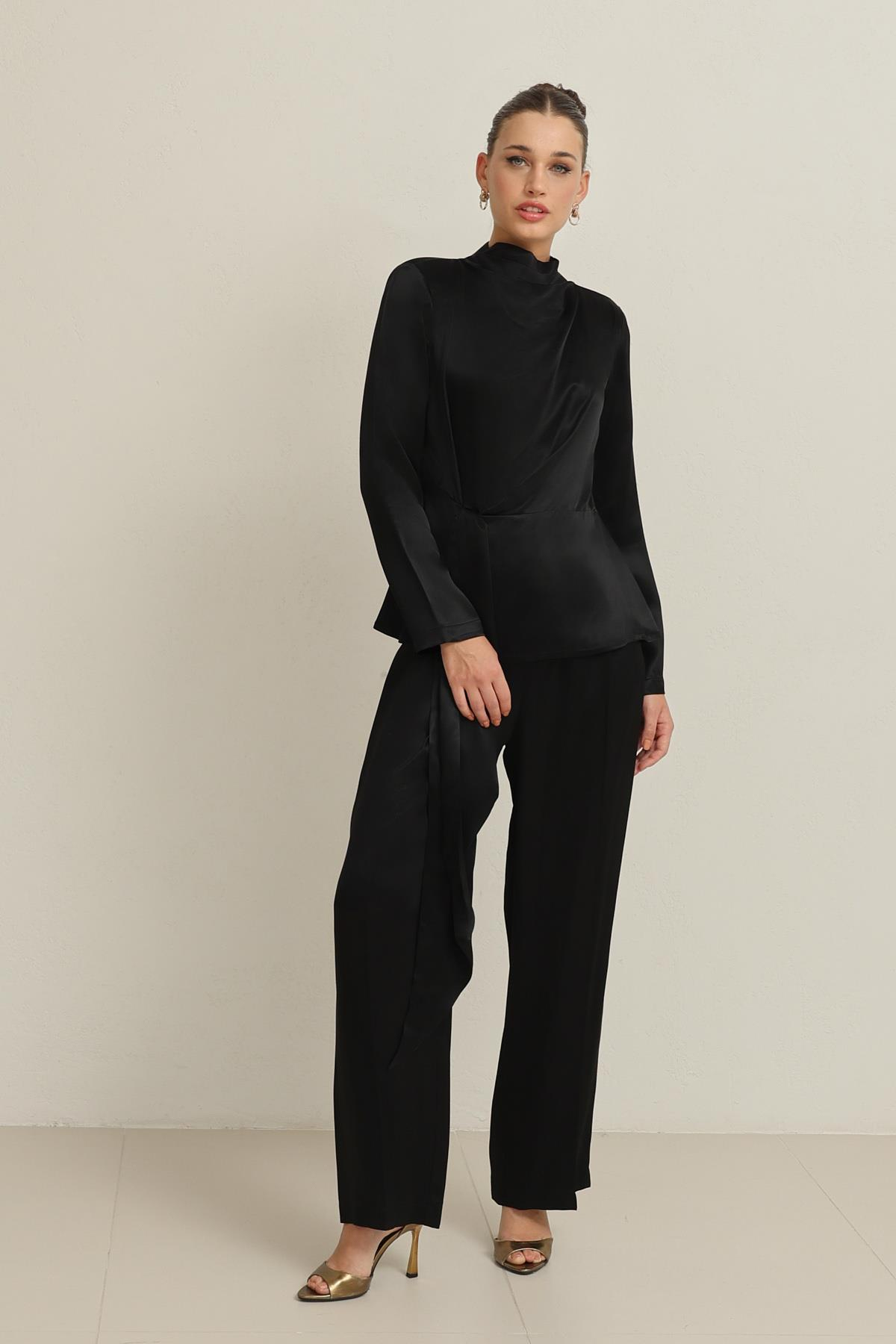 Siyah Bağlama Detaylı Uzun Kollu Bluz Kadın Bluz modelleri