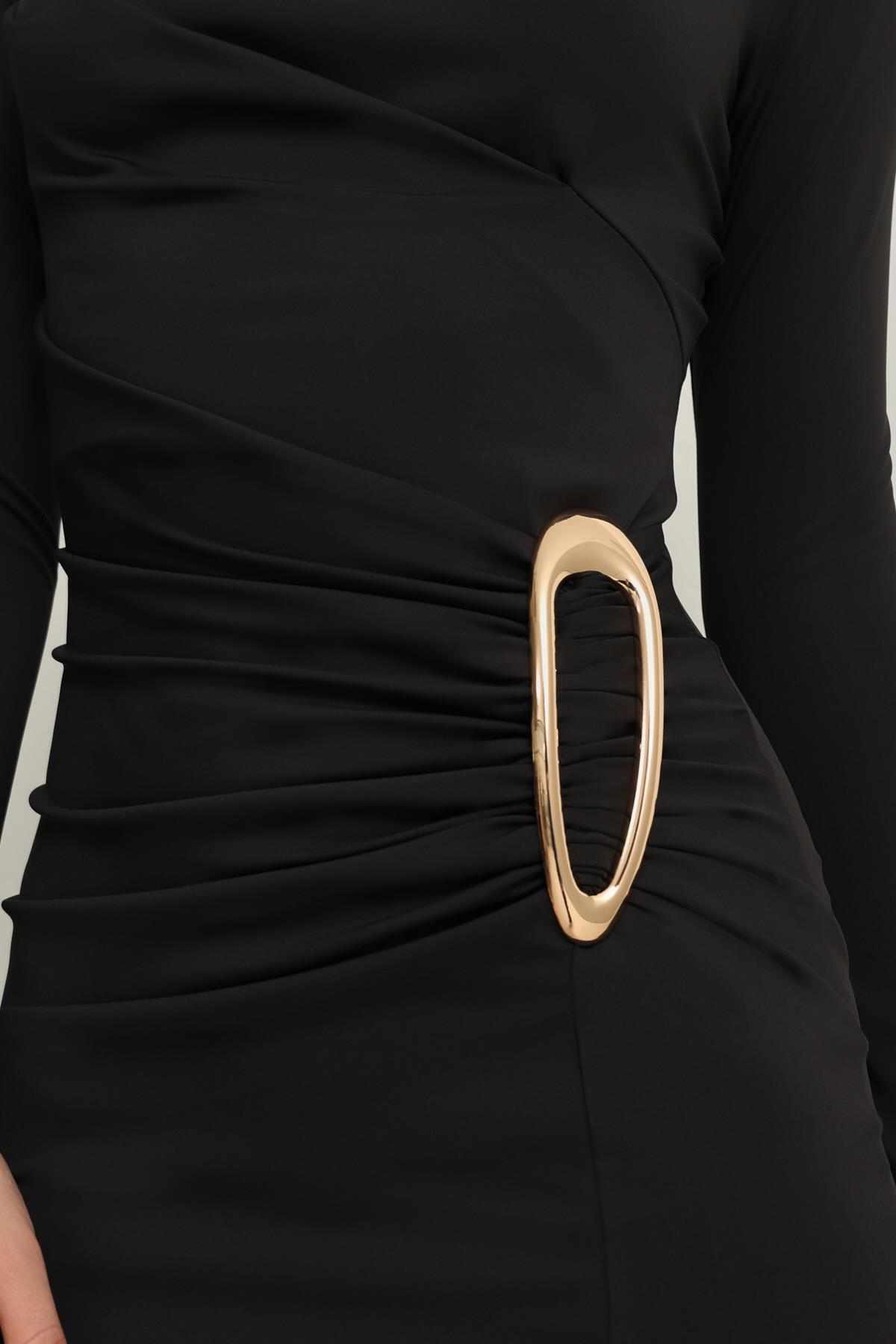 Siyah Belden Drapeli Aksesuar Detaylı Uzun Kollu Elbise Kadın Günlük Elbise modelleri