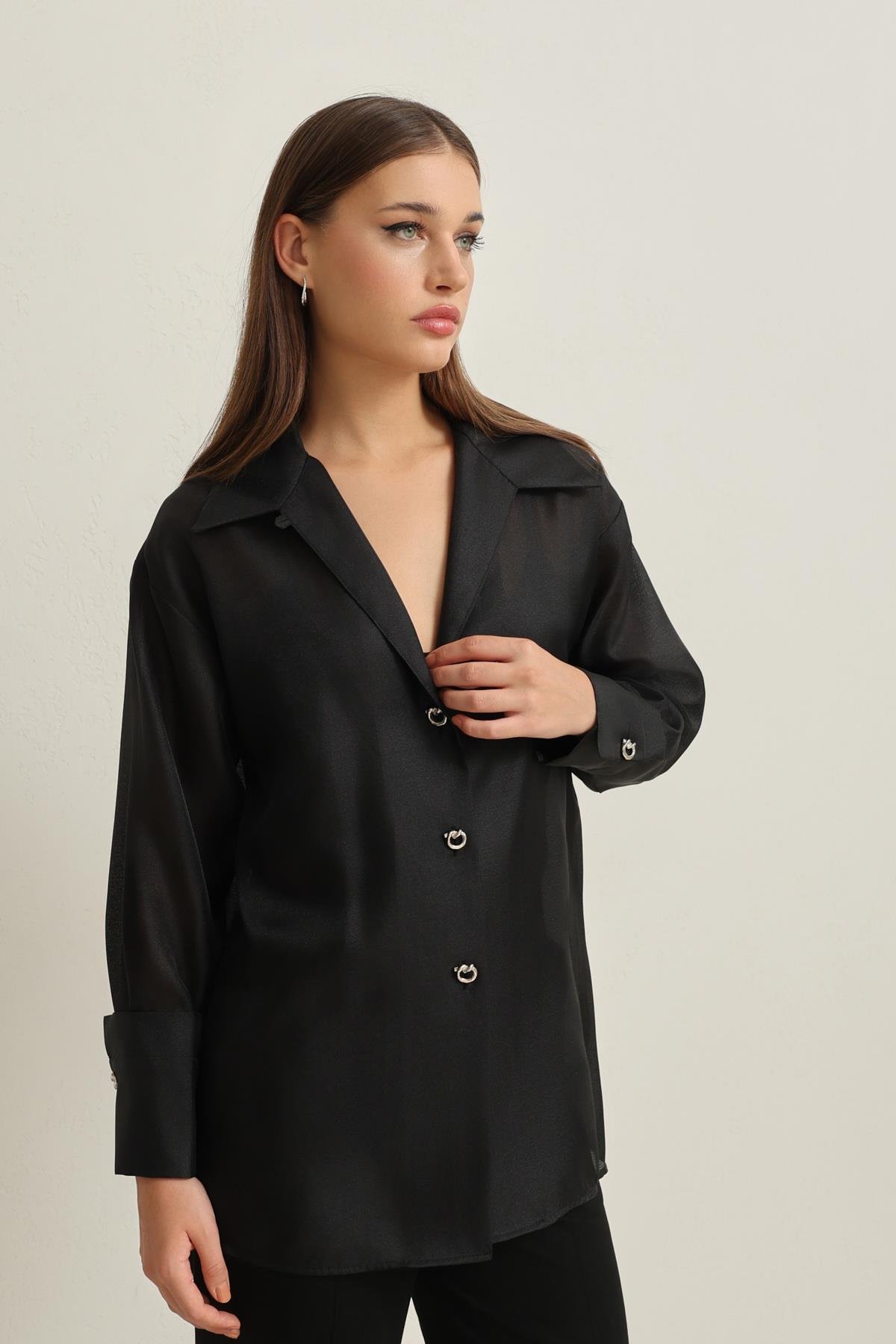 Siyah Ceket Yaka Dökümlü Gömlek Kadın Gömlek modelleri