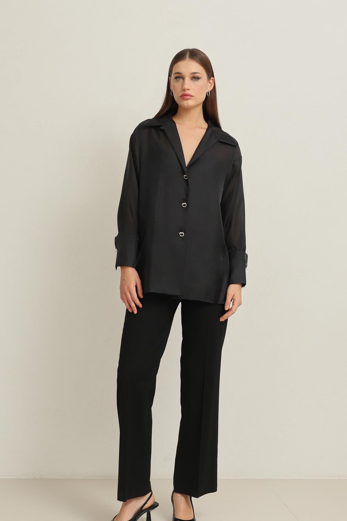Siyah Ceket Yaka Dökümlü Gömlek Kadın Gömlek modelleri