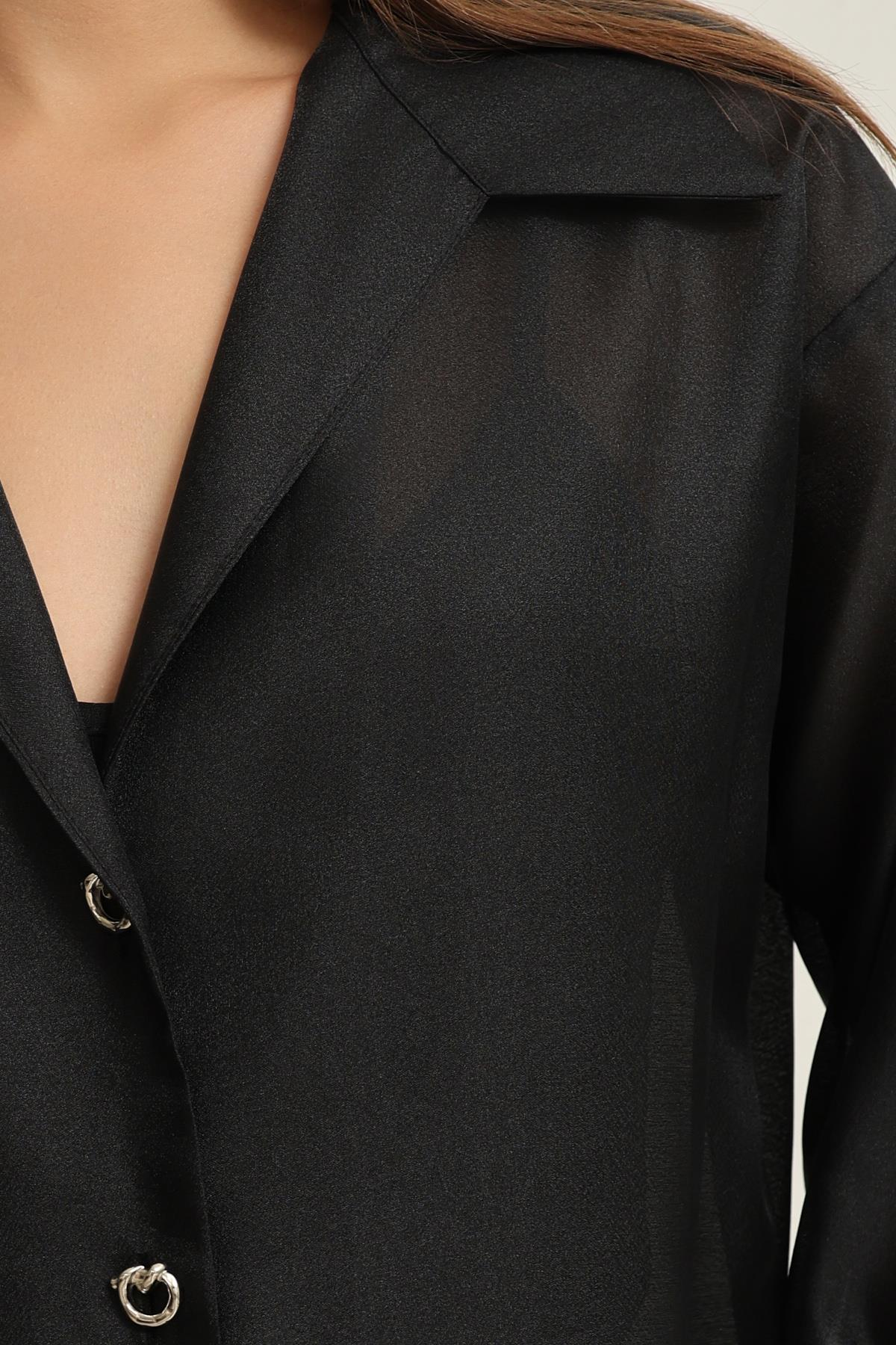 Siyah Ceket Yaka Dökümlü Gömlek Kadın Gömlek modelleri