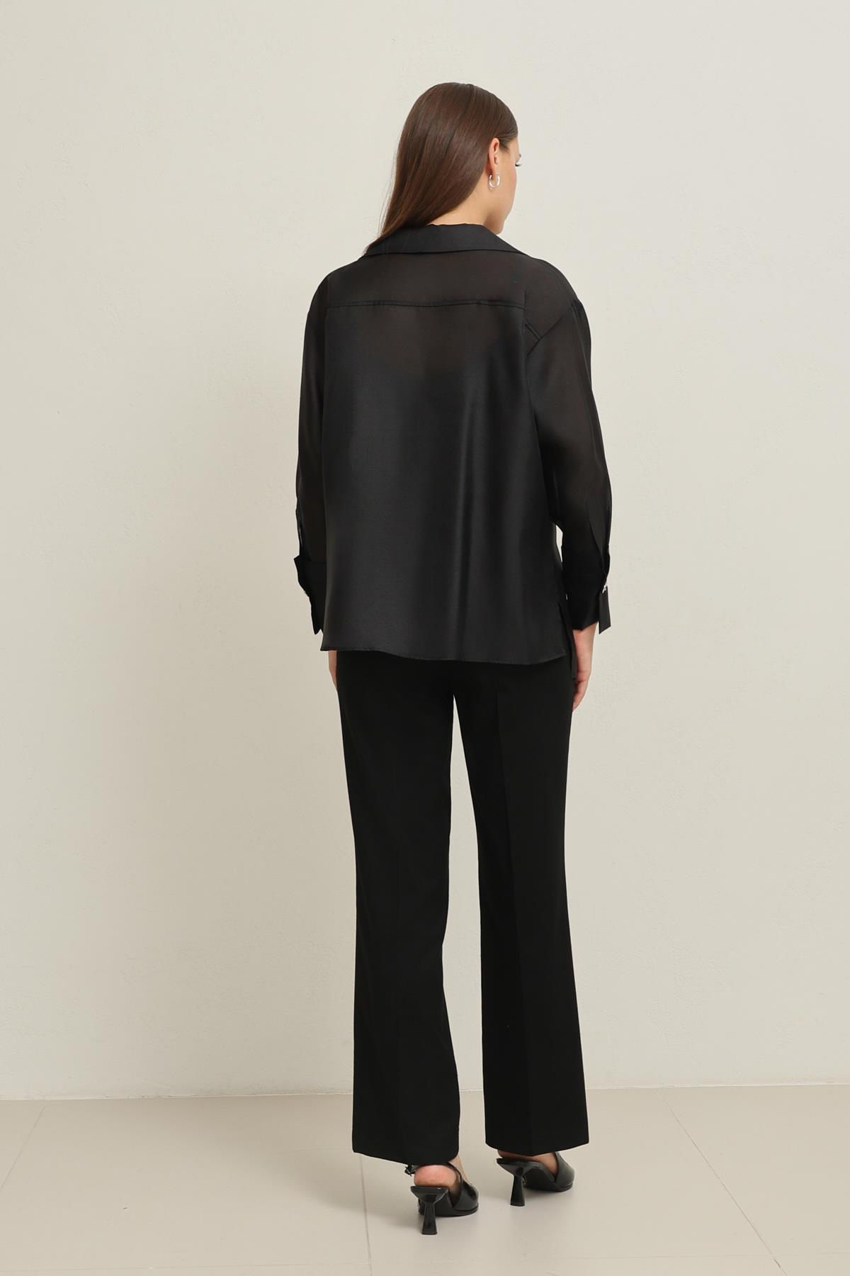 Siyah Ceket Yaka Dökümlü Gömlek Kadın Gömlek modelleri