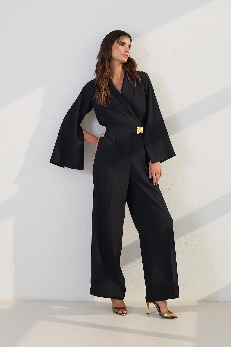 Siyah Ceket Yaka Kol Detaylı Belden Kemerli Tulum Kadın Tulum modelleri