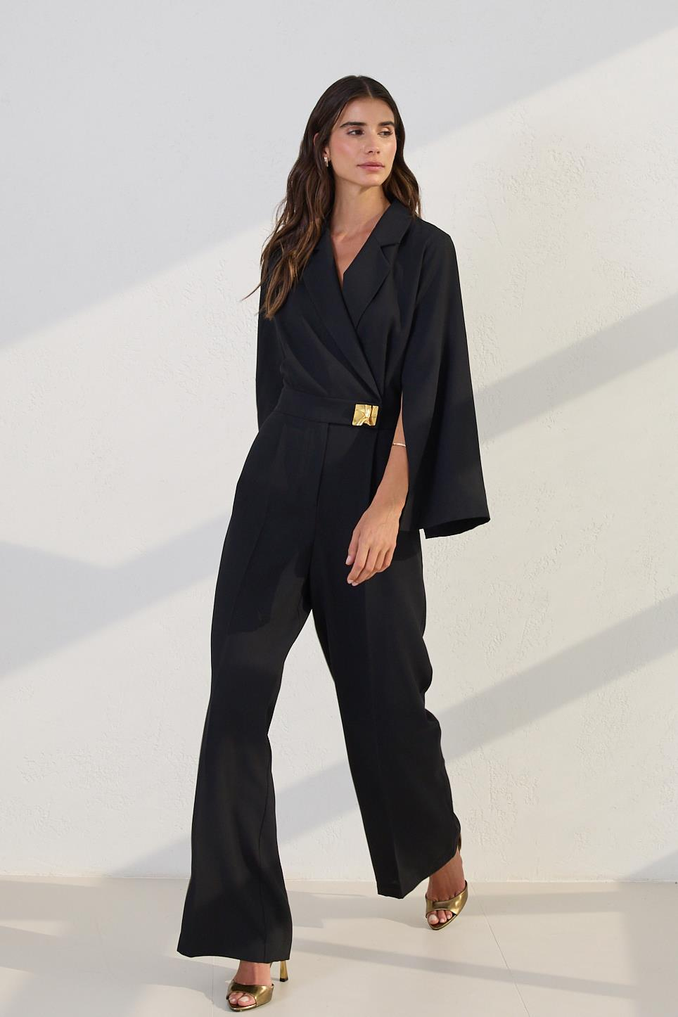 Siyah Ceket Yaka Kol Detaylı Belden Kemerli Tulum Kadın Tulum modelleri