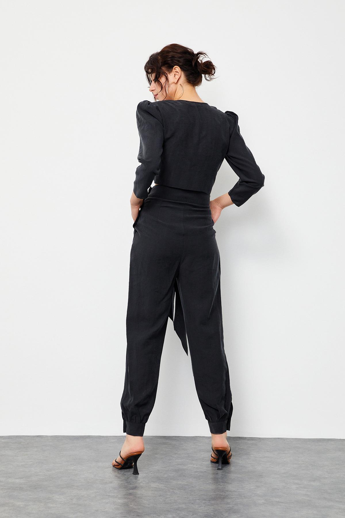 Siyah Crop Top Pantolon Üç Parça Takım Kadın Takım Elbise modelleri