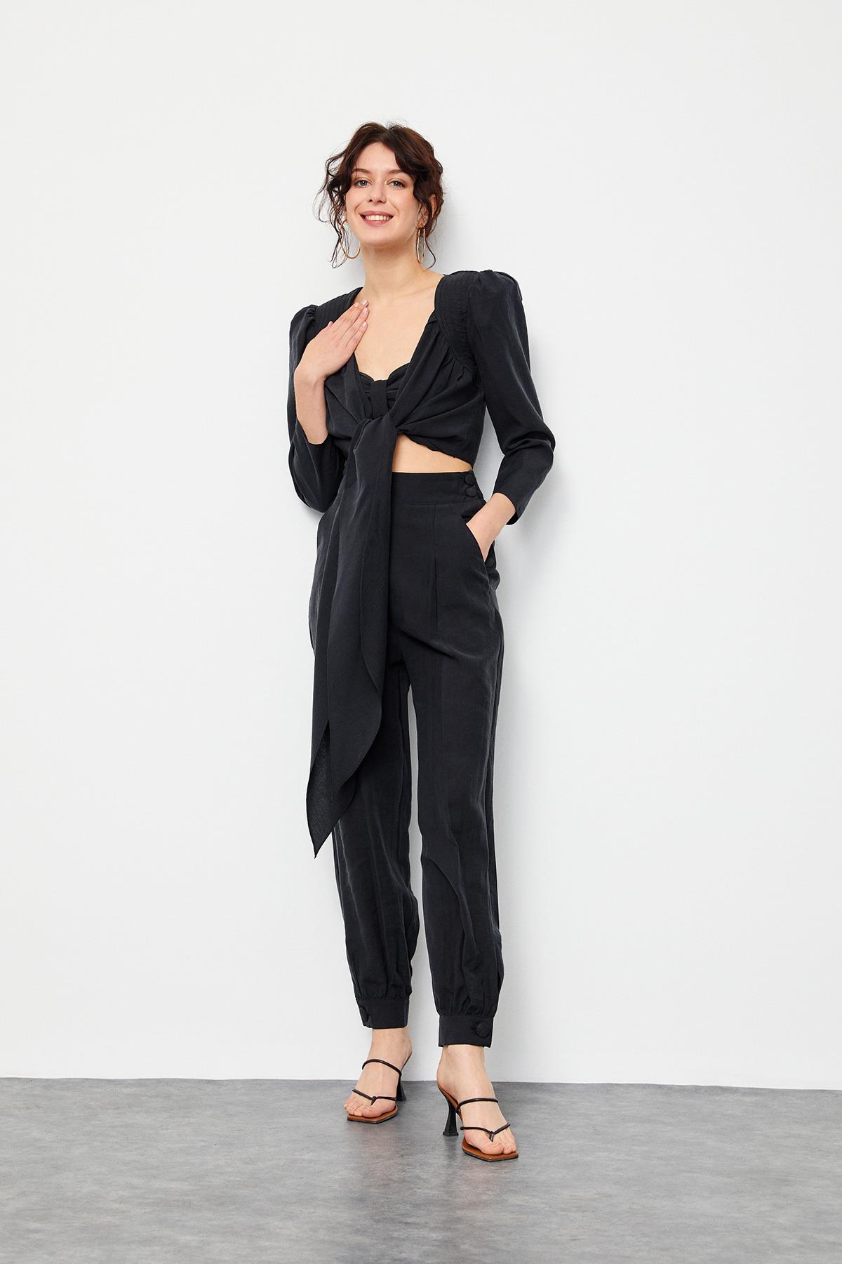 Siyah Crop Top Pantolon Üç Parça Takım Kadın Takım Elbise modelleri