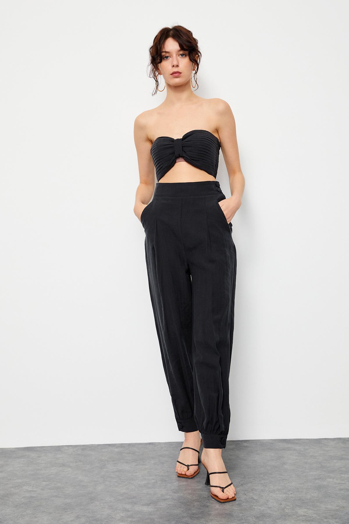Siyah Crop Top Pantolon Üç Parça Takım Kadın Takım Elbise modelleri