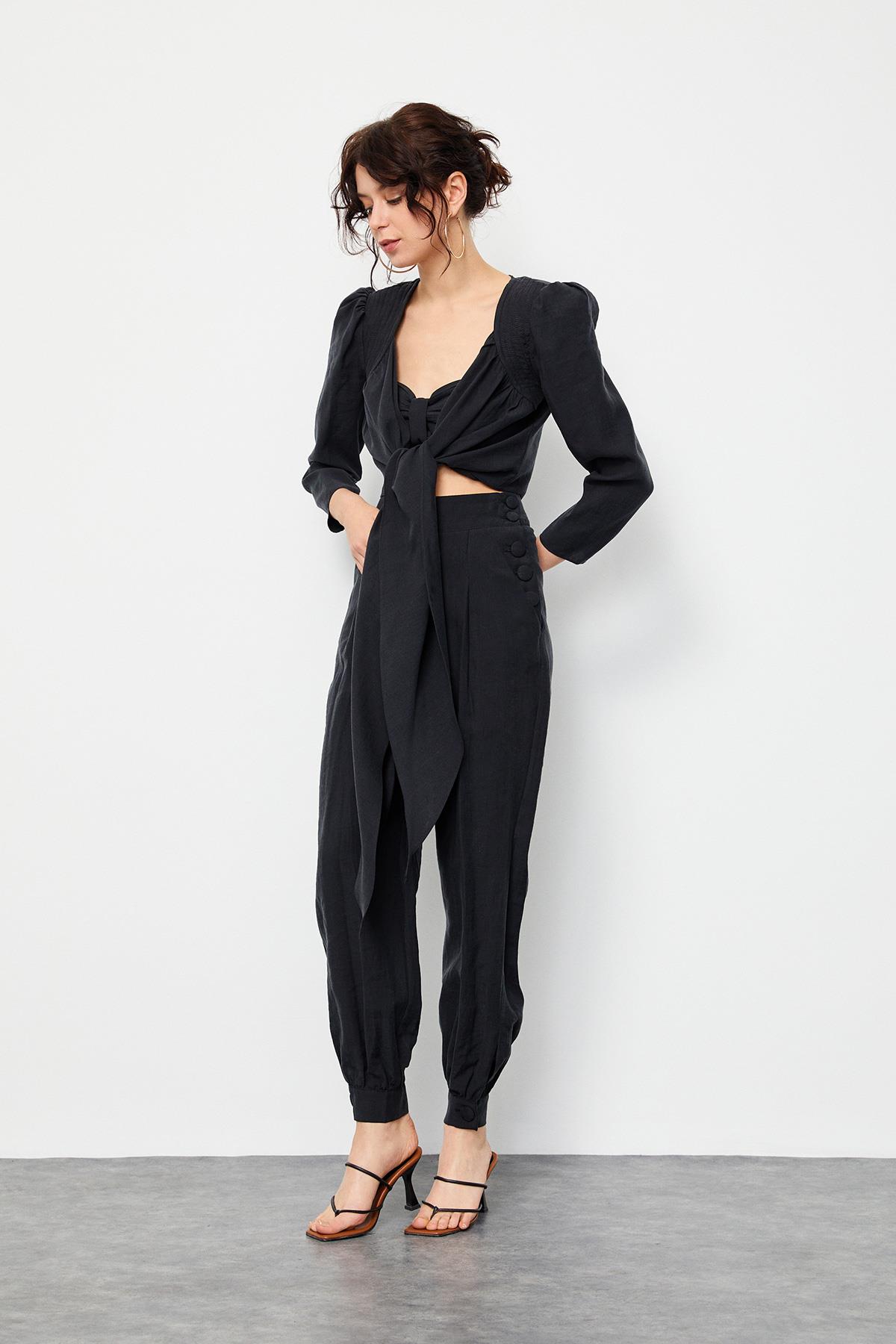 Siyah Crop Top Pantolon Üç Parça Takım Kadın Takım Elbise modelleri