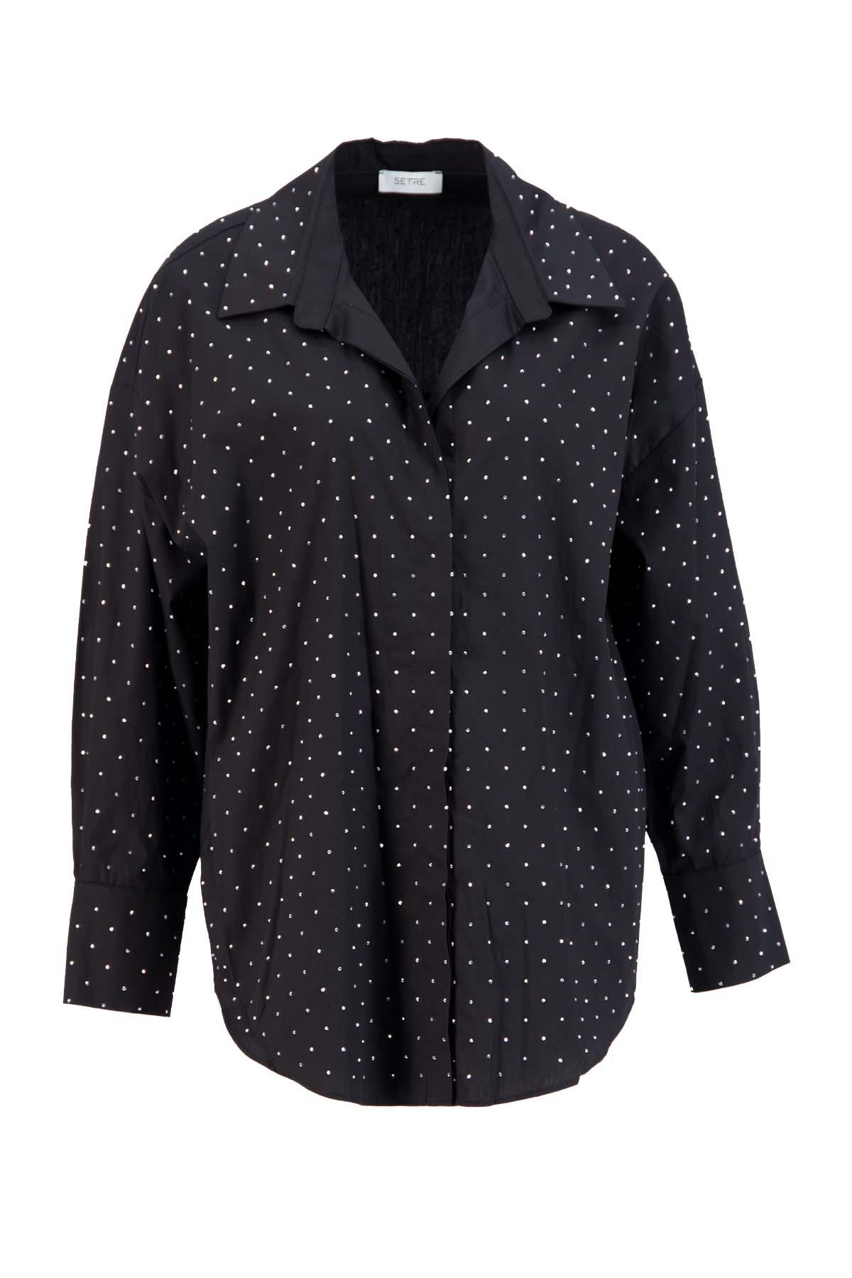 Siyah Gömlek Yaka  Uzun Kollu  Taş Yapıştırma Detaylı  Düğme Kapamalı Gömlek Kadın Gömlek modelleri