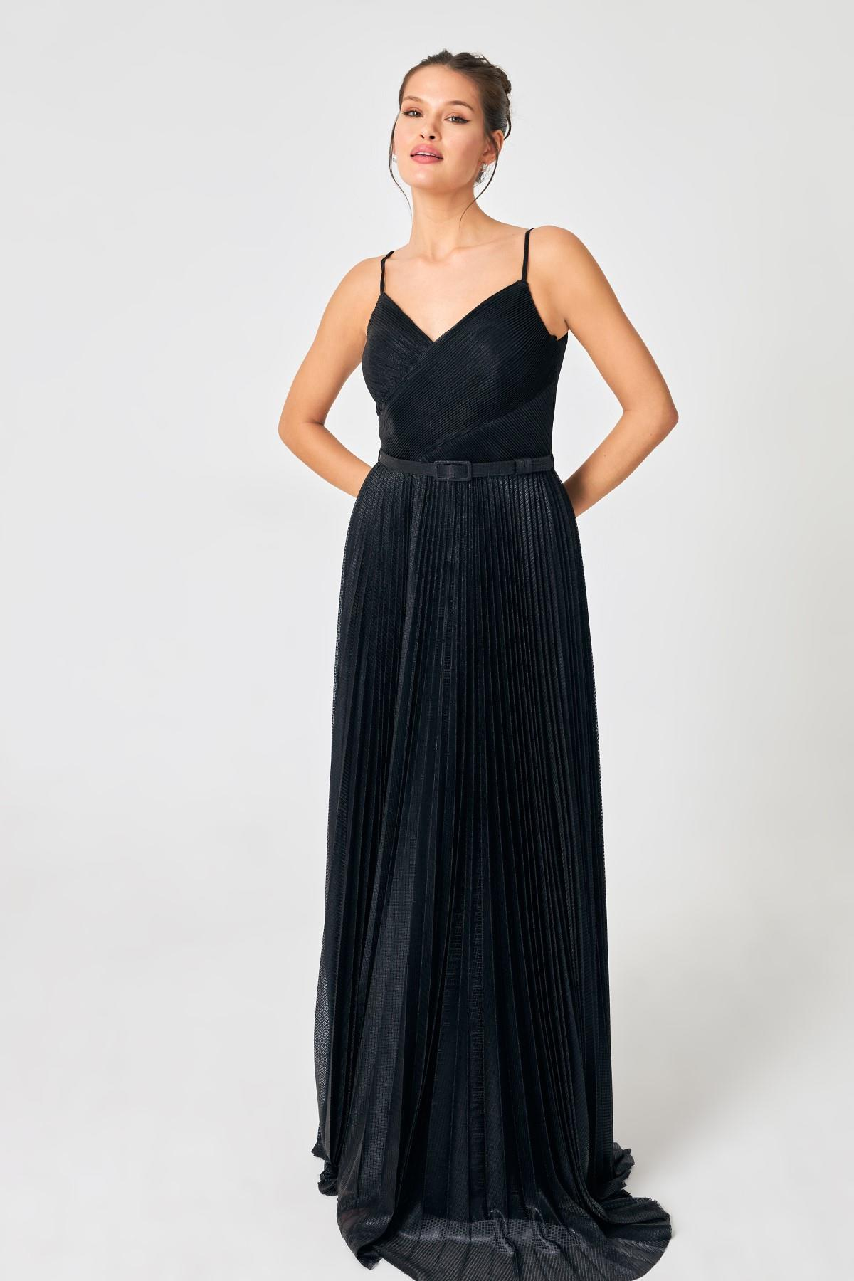 Siyah Gümüş Kemer Ve Pile Detayı V Yaka Abiye Kadın Kategorisiz modelleri