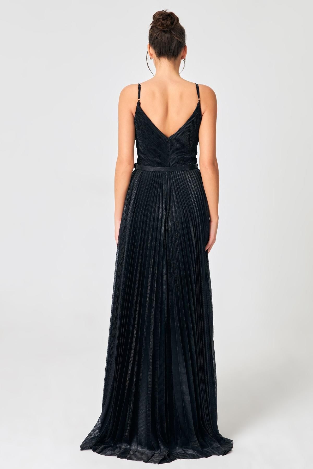 Siyah Gümüş Kemer Ve Pile Detayı V Yaka Abiye Kadın Kategorisiz modelleri