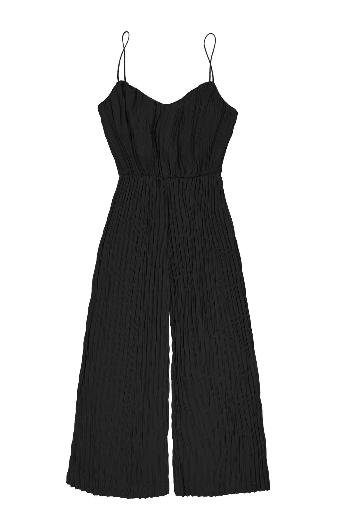 Siyah Geniş Paça Midi Tulum Kadın Overalls modelleri