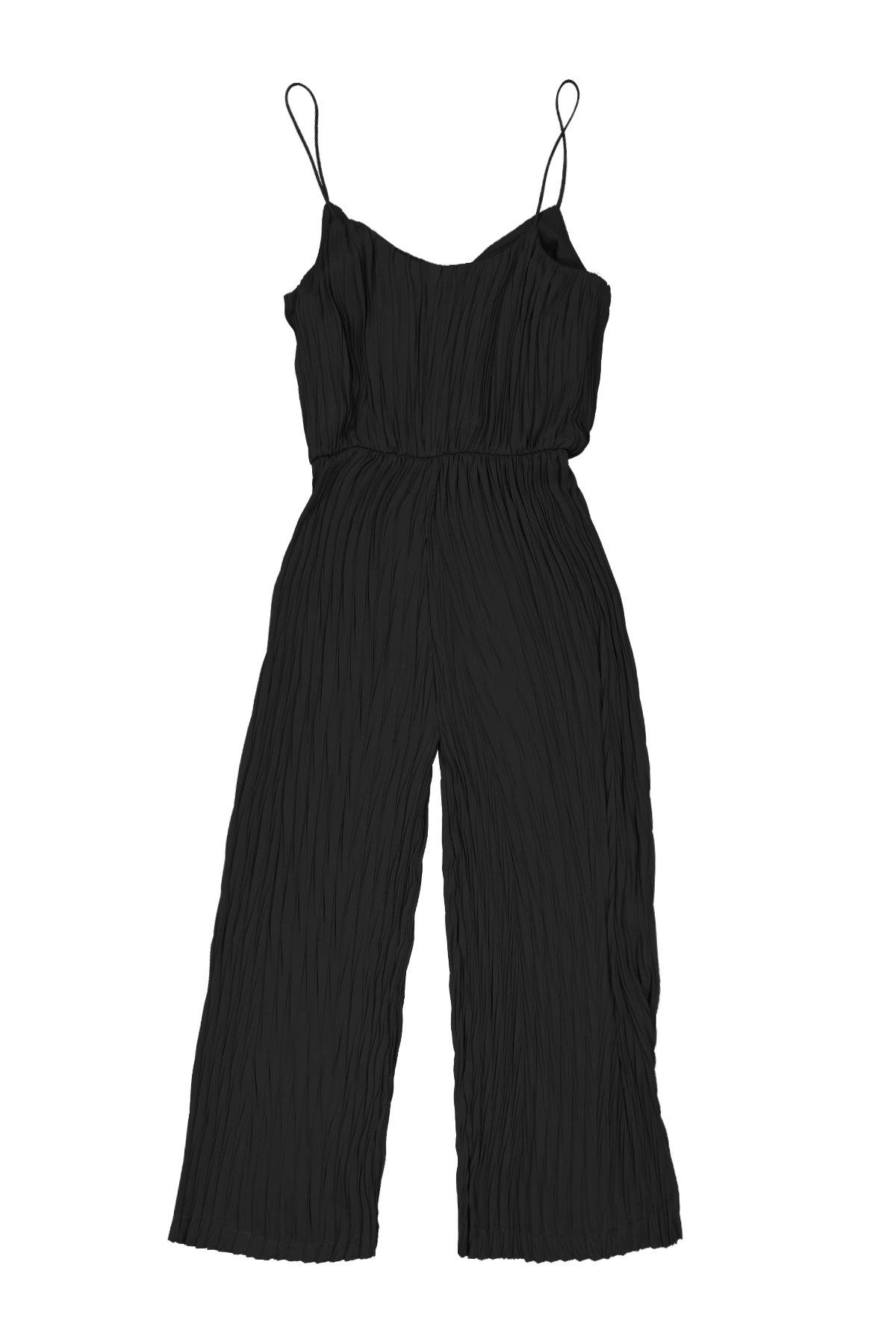 Siyah Geniş Paça Midi Tulum Kadın Overalls modelleri