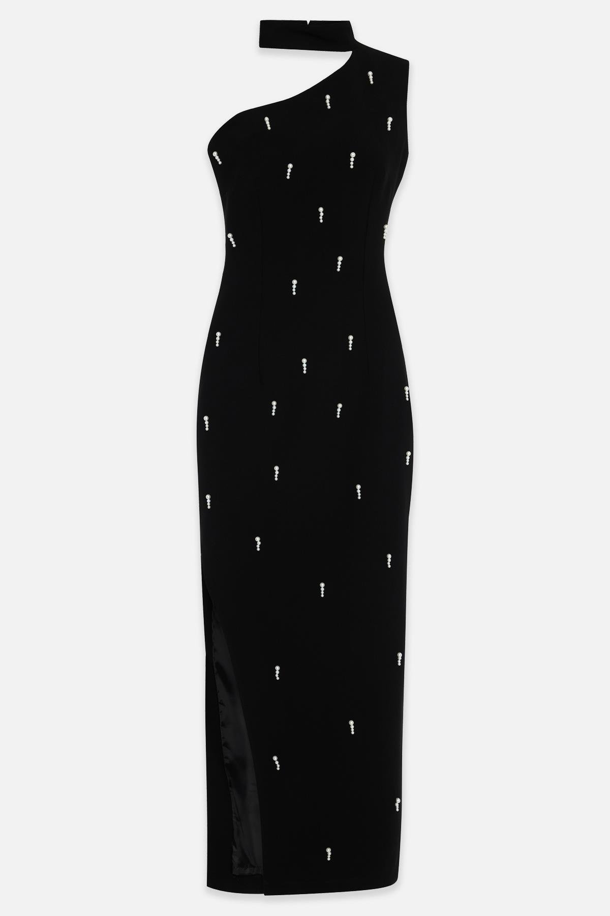 Siyah İnci Ve Boyun Detaylı Yırtmaçlı Midi Boy Elbise Kadın Günlük Elbise modelleri