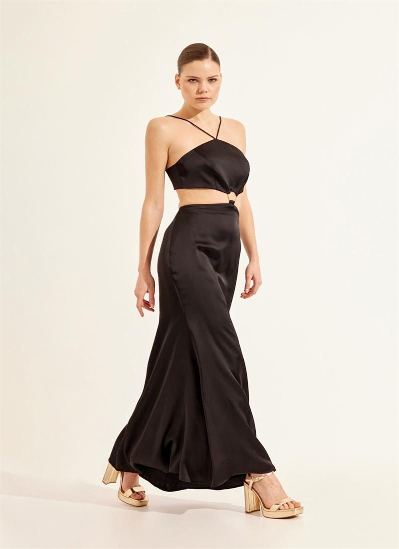 Siyah İpli Bel Detaylı Elbise Kadın Abiye Elbise modelleri