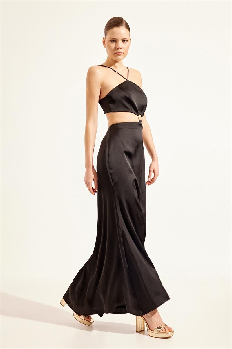 Siyah İpli Bel Detaylı Elbise Kadın Abiye Elbise modelleri