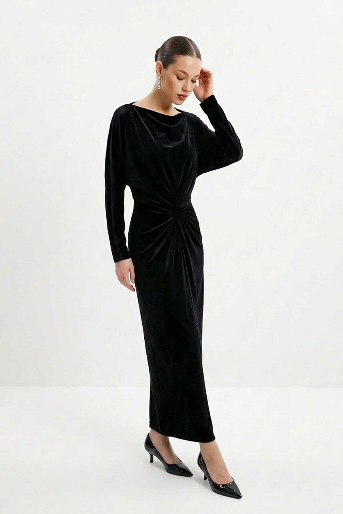 Siyah Kol Ve Yaka Detaylı Belden Drapeli Midi Boy Elbise Kadın Elbise modelleri